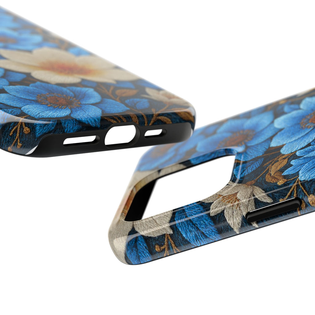 BLUESKYDEZIGN | Midnight Symphony Phone Case | Navy Blue Cream Botanical Floral iPhone Cover | Elegant Gift for Her