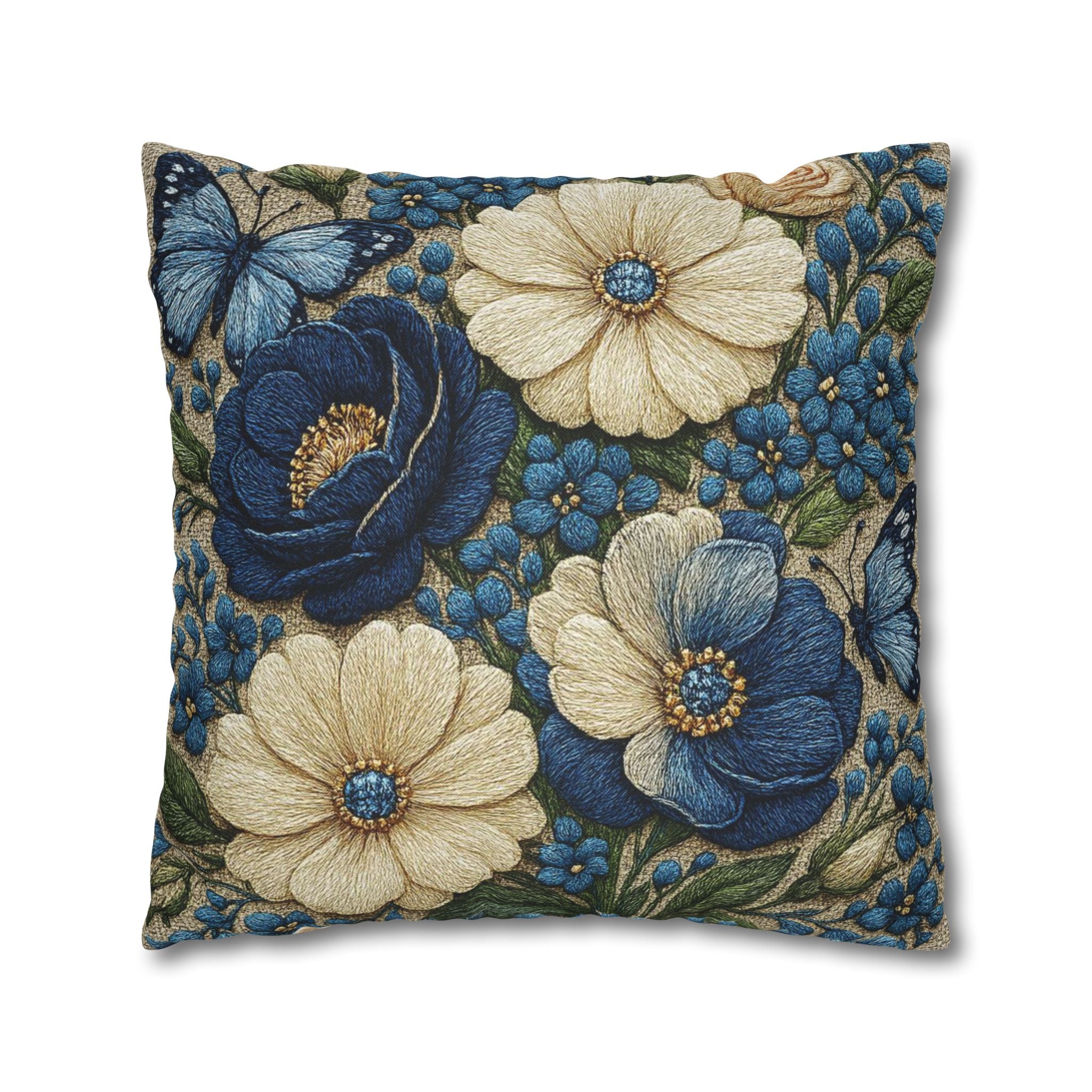 Wild Beauty Floral Throw Pillow Cover – Blue & Cream Botanical Cushion Case