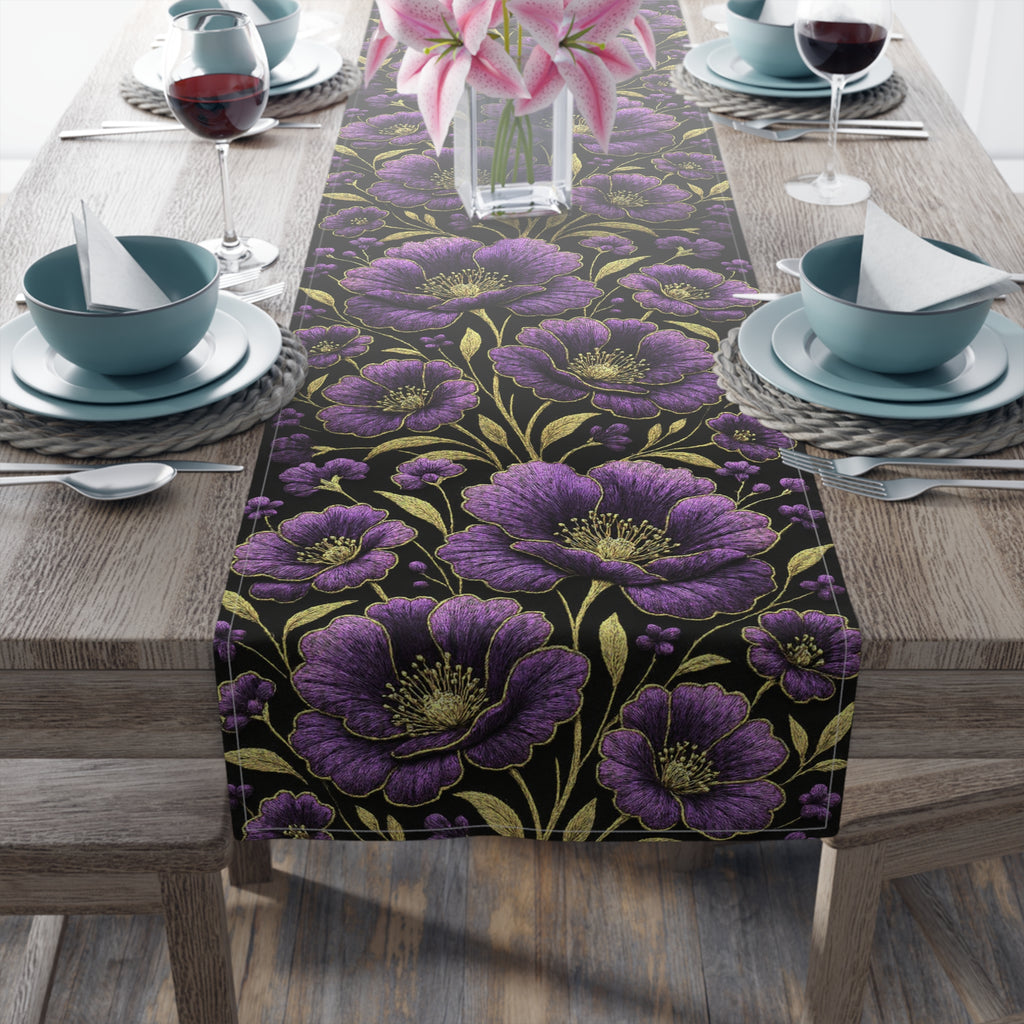 Petrykivka Bloom Table Runner | Purple Poppy Floral Table Runner | Moody Gold Embroidered Look Table Decor