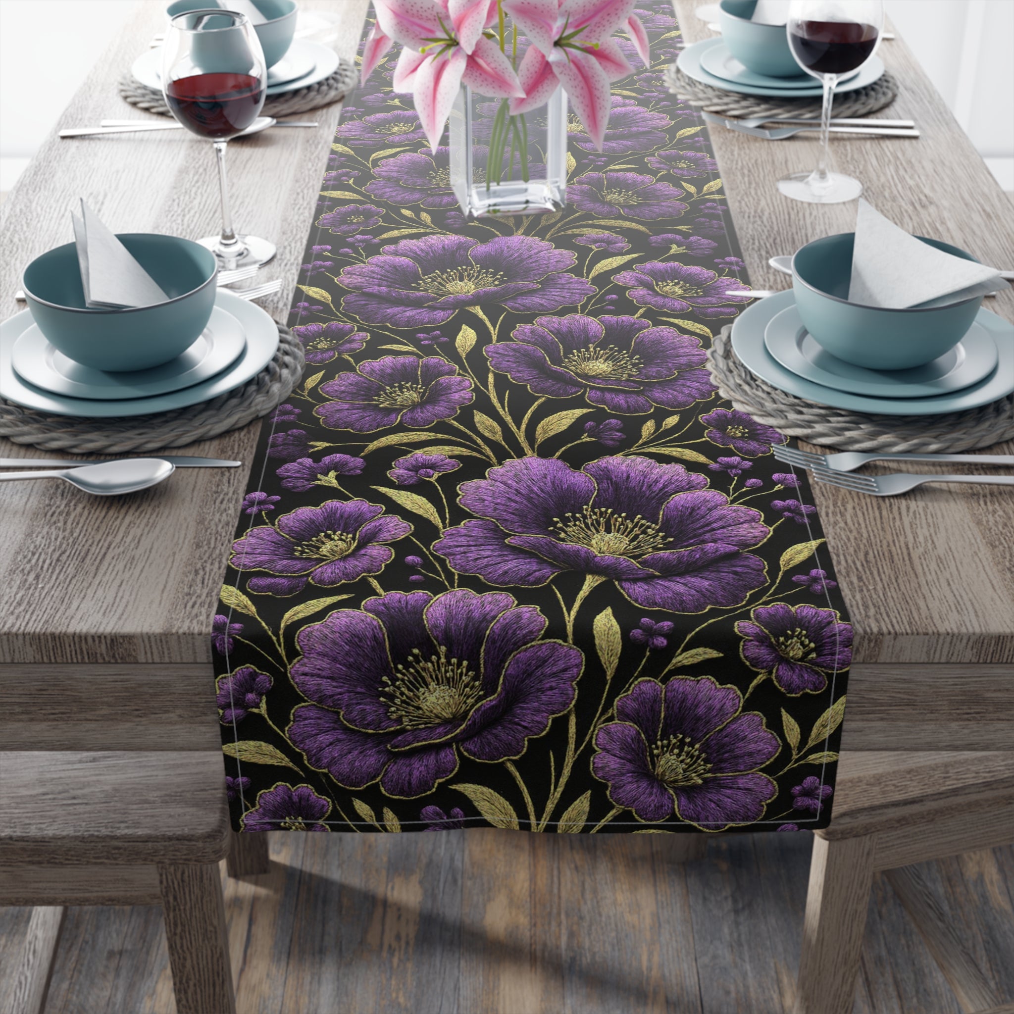 Petrykivka Bloom Table Runner | Purple Poppy Floral Table Runner | Moody Gold Embroidered Look Table Decor