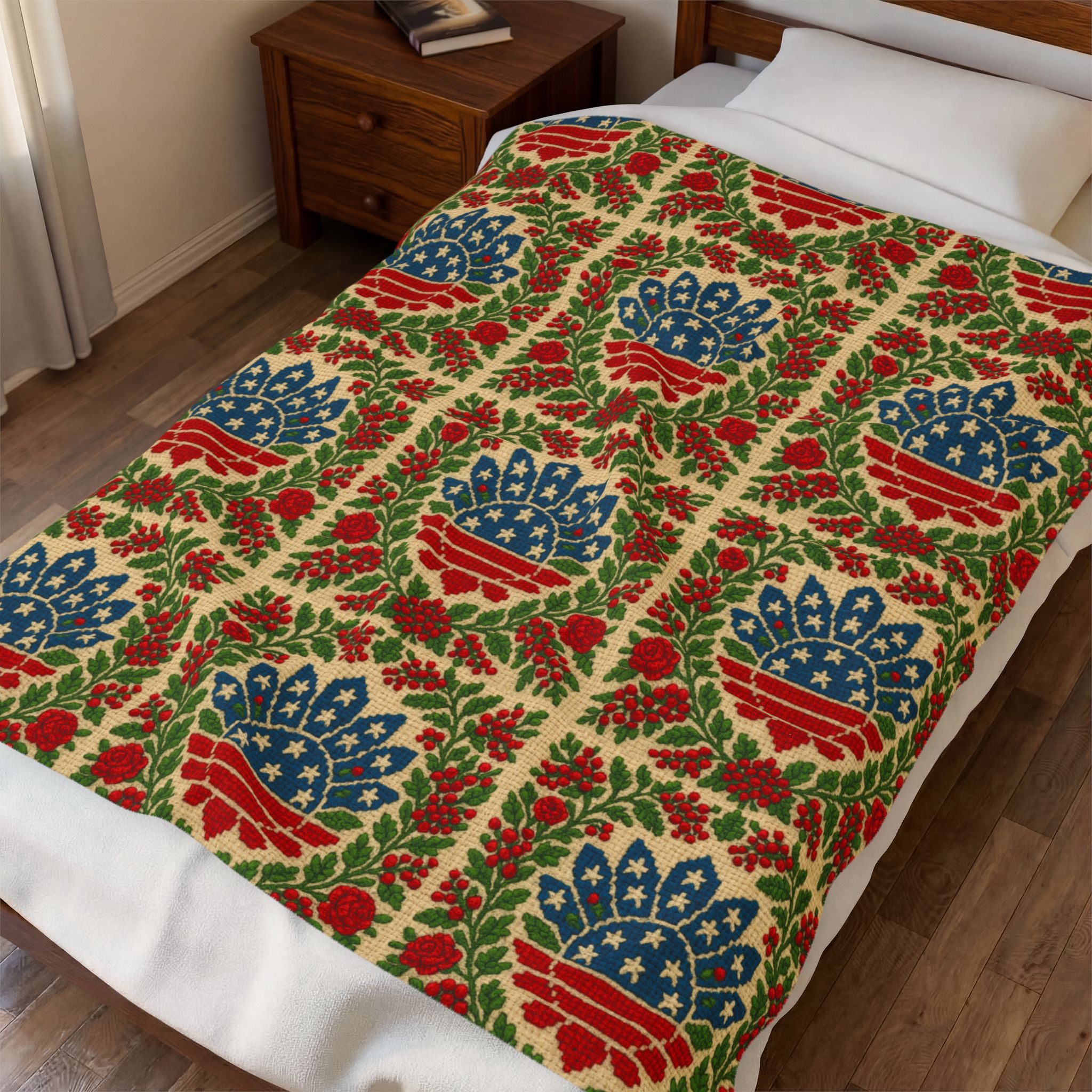 America 250 Velveteen Plush Blanket | Patriotic Folk Floral Throw | 1776–2026 Anniversary Gift