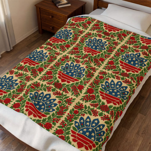 America 250 Velveteen Plush Blanket | Patriotic Folk Floral Throw | 1776–2026 Anniversary Gift