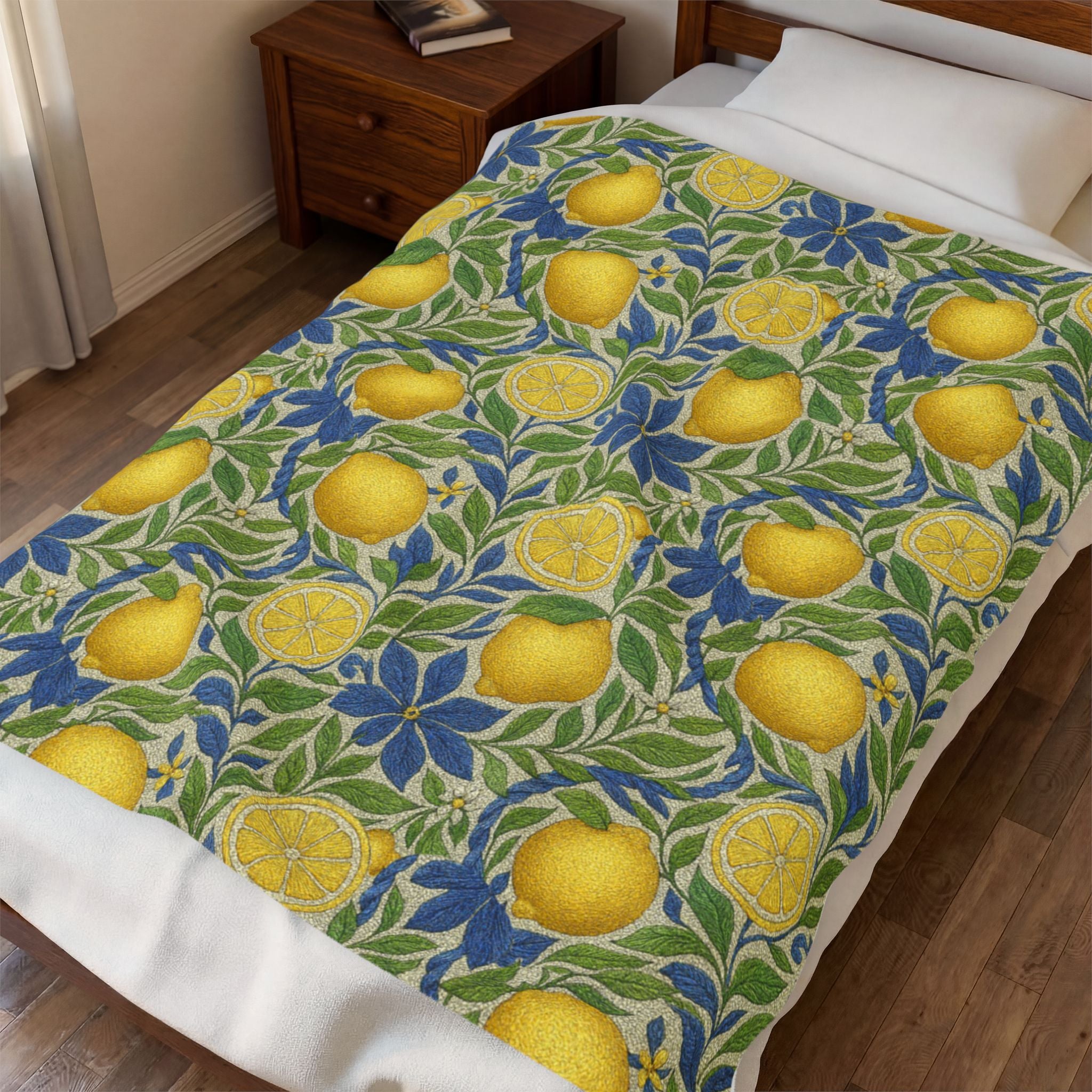 Citrus Riviera Lemon Velveteen Plush Blanket – Mediterranean Botanical Throw | William Morris Style