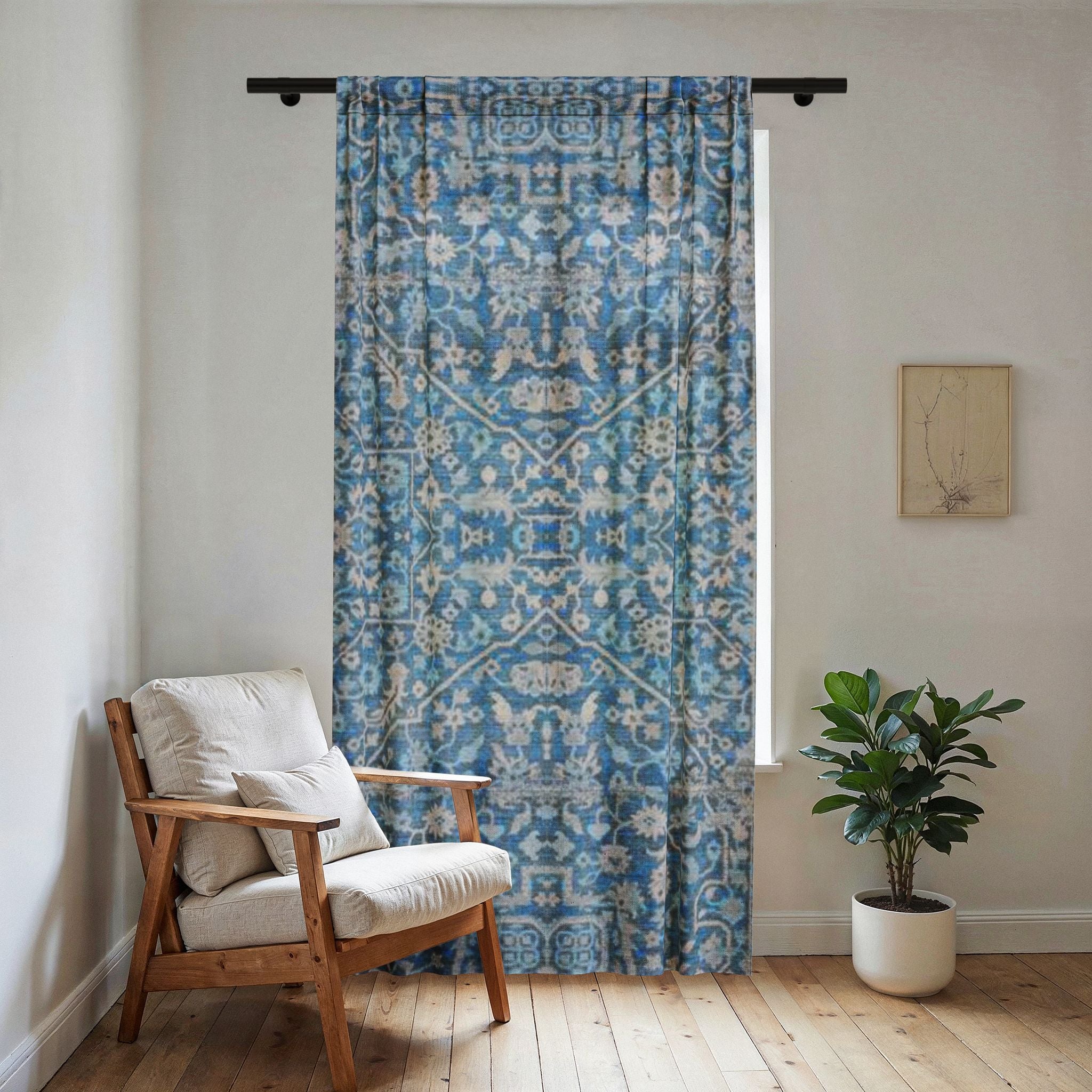 BLUESKYDEZIGN Grandmother's Heritage Sheer Curtain - Blue Floral Damask, Light Filtering Wabi-Sabi Panel