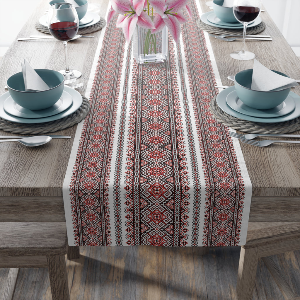 Stasia Red Folk Art Table Runner | Ukrainian Heritage Red & Black Geometric Linen