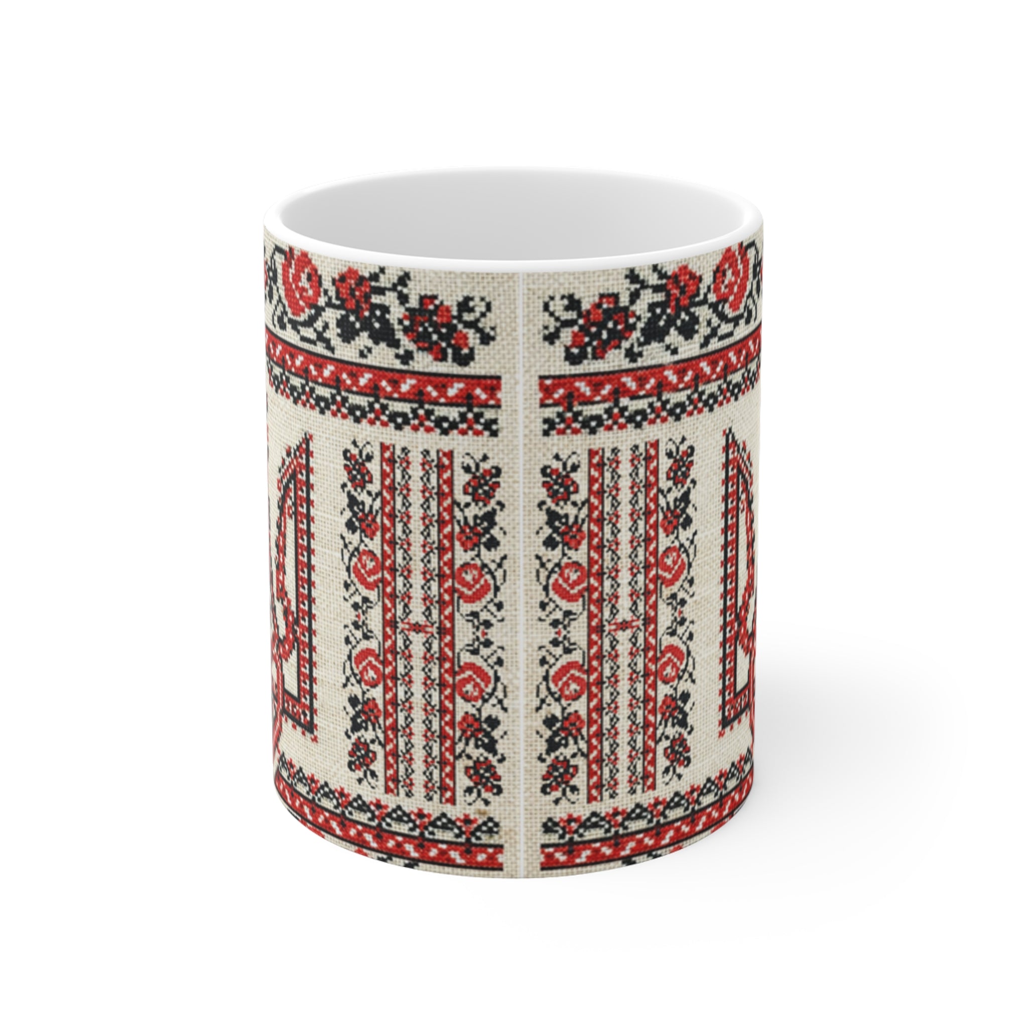 Tryzub 11oz Mug, Ukrainian Red Black Embroidery, Folk Art Trident Coffee Tea Cup, Cultural Gift Idea, Red Black Vyshyvanka Pattern