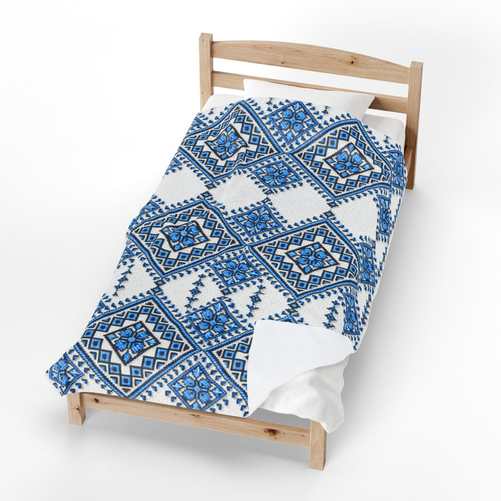 Blue Sky Folk Art Velveteen Plush Blanket | Ukrainian Heritage Geometric Throw