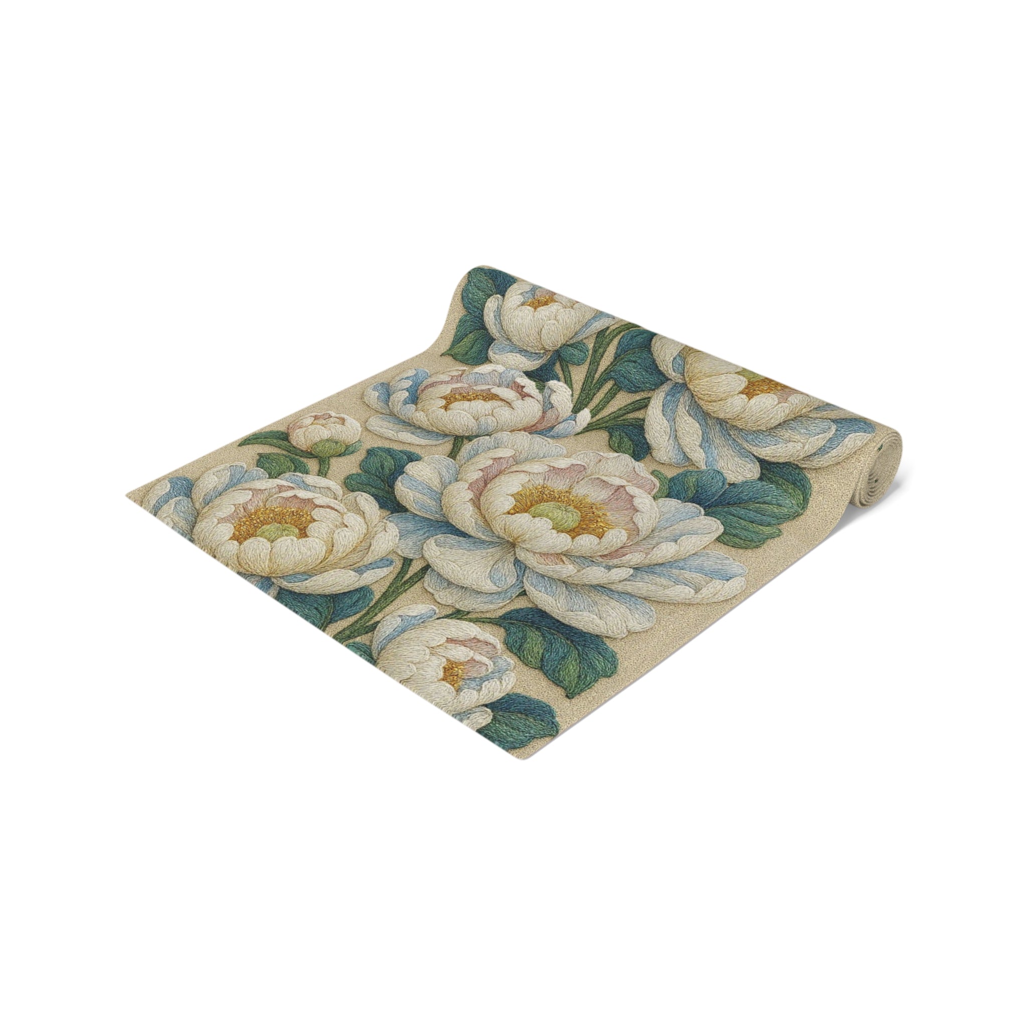 Petrykivka Bloom Table Runner – White Peony Floral, Sage Green, Cotton or Polyester