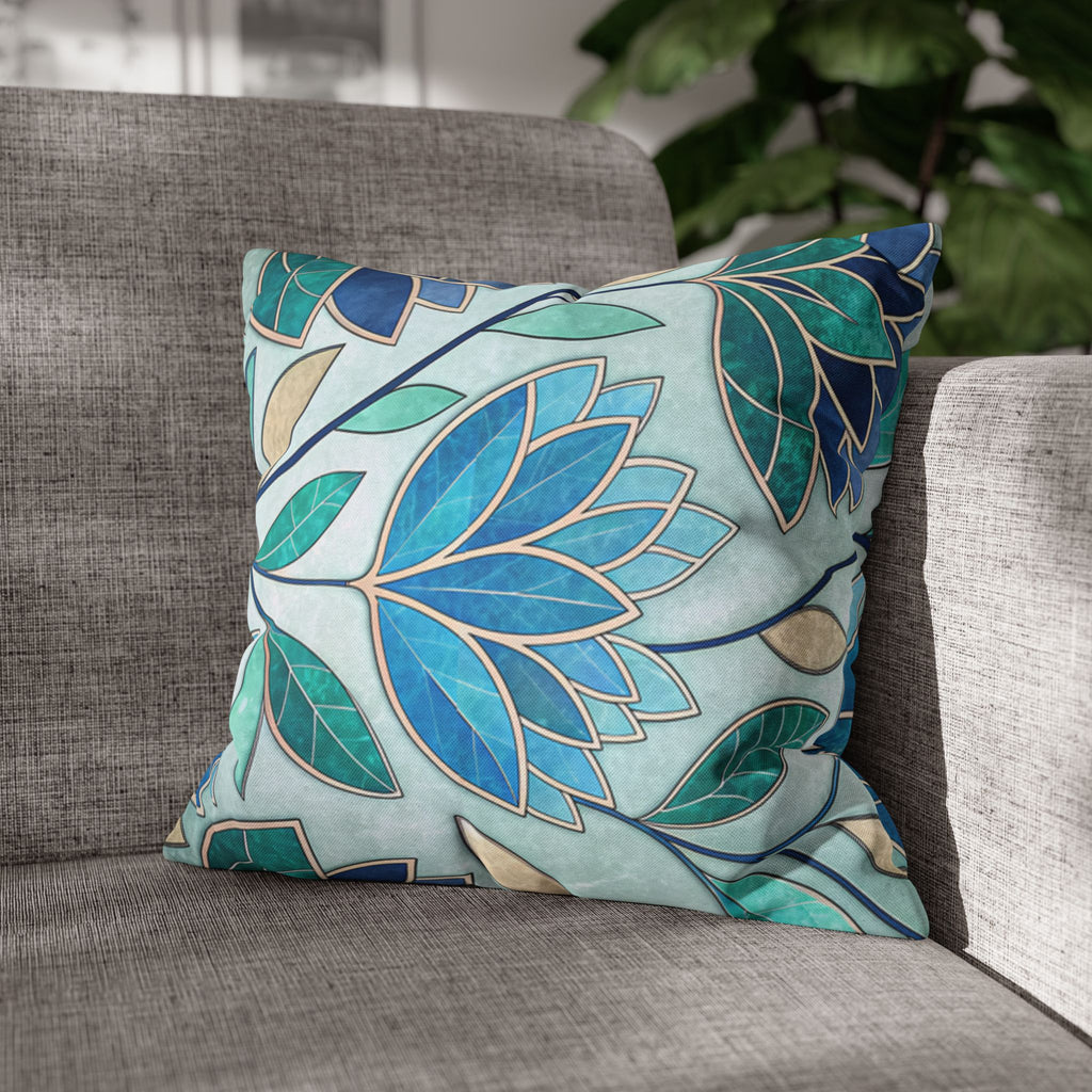 Mosaic Pillowcase 1piece, Stained Glass Style Floral Cushion Covers, Teal Blue Decorative Polyester Throw Pillowcases