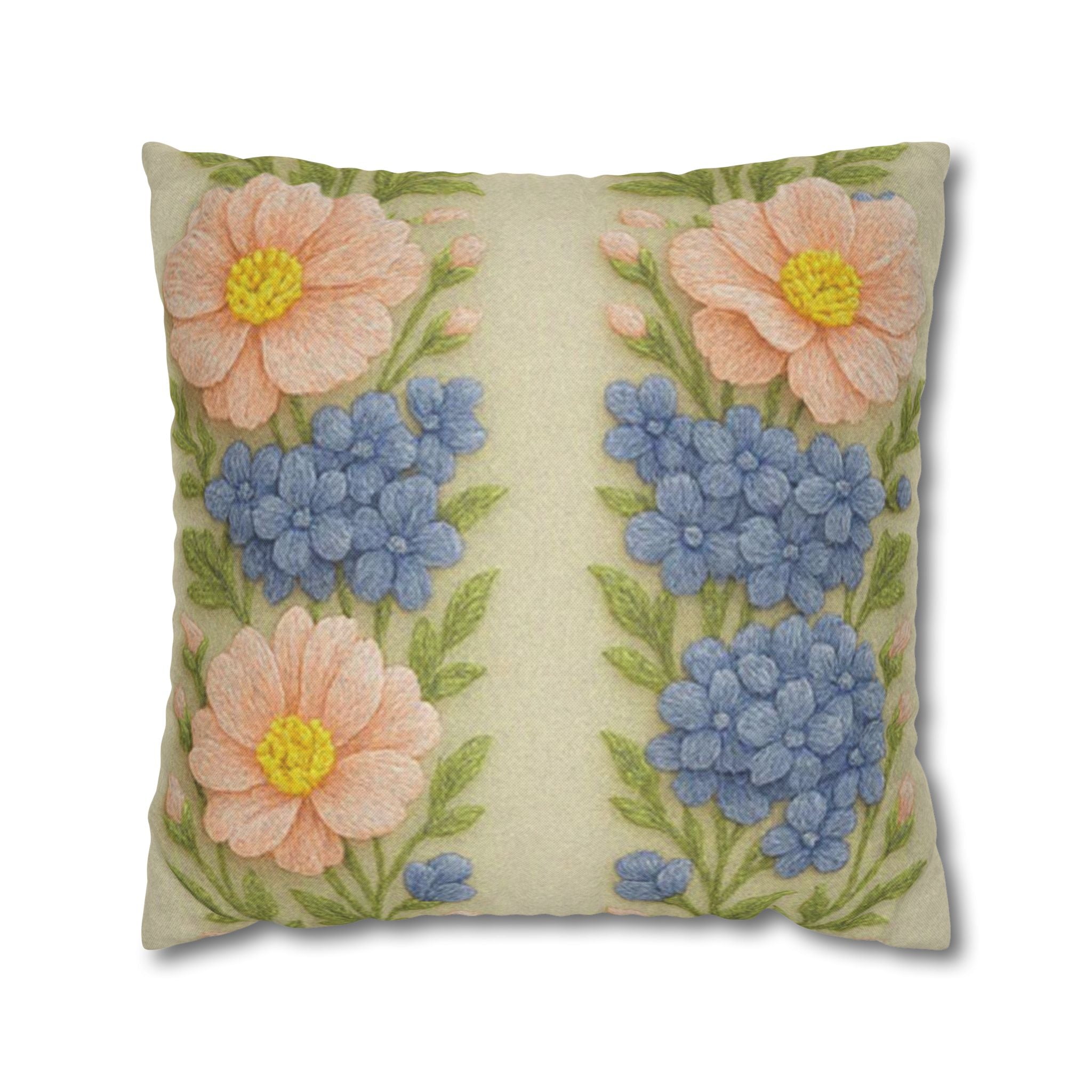 Vintage Floral Pillow Cover – Cottagecore Pink Daisies & Blue Hydrangeas | BLUESKYDEZIGN