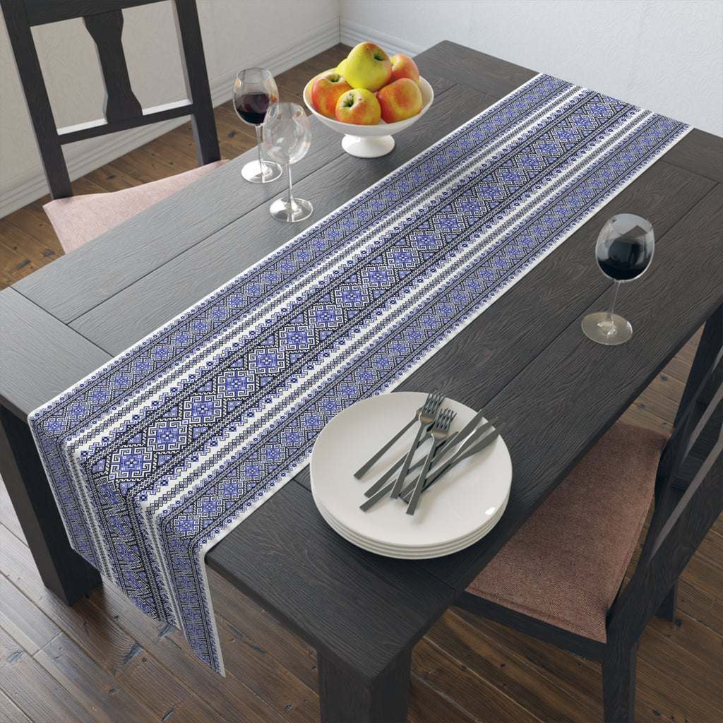 Stasia Blue Table Runner | Ukrainian Folk Embroidery | Indigo Geometric Dining Linen
