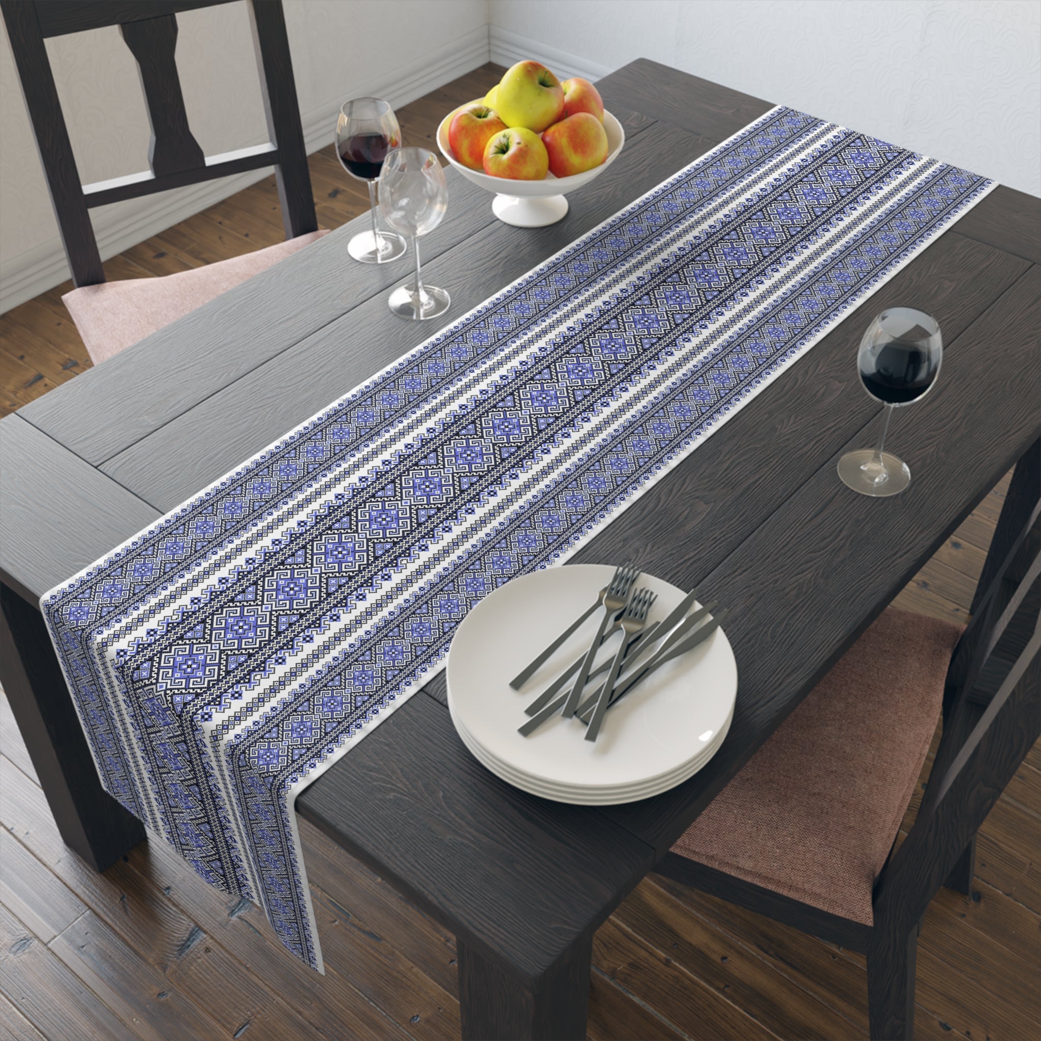 Stasia Blue Table Runner | Ukrainian Folk Embroidery | Indigo Geometric Dining Linen