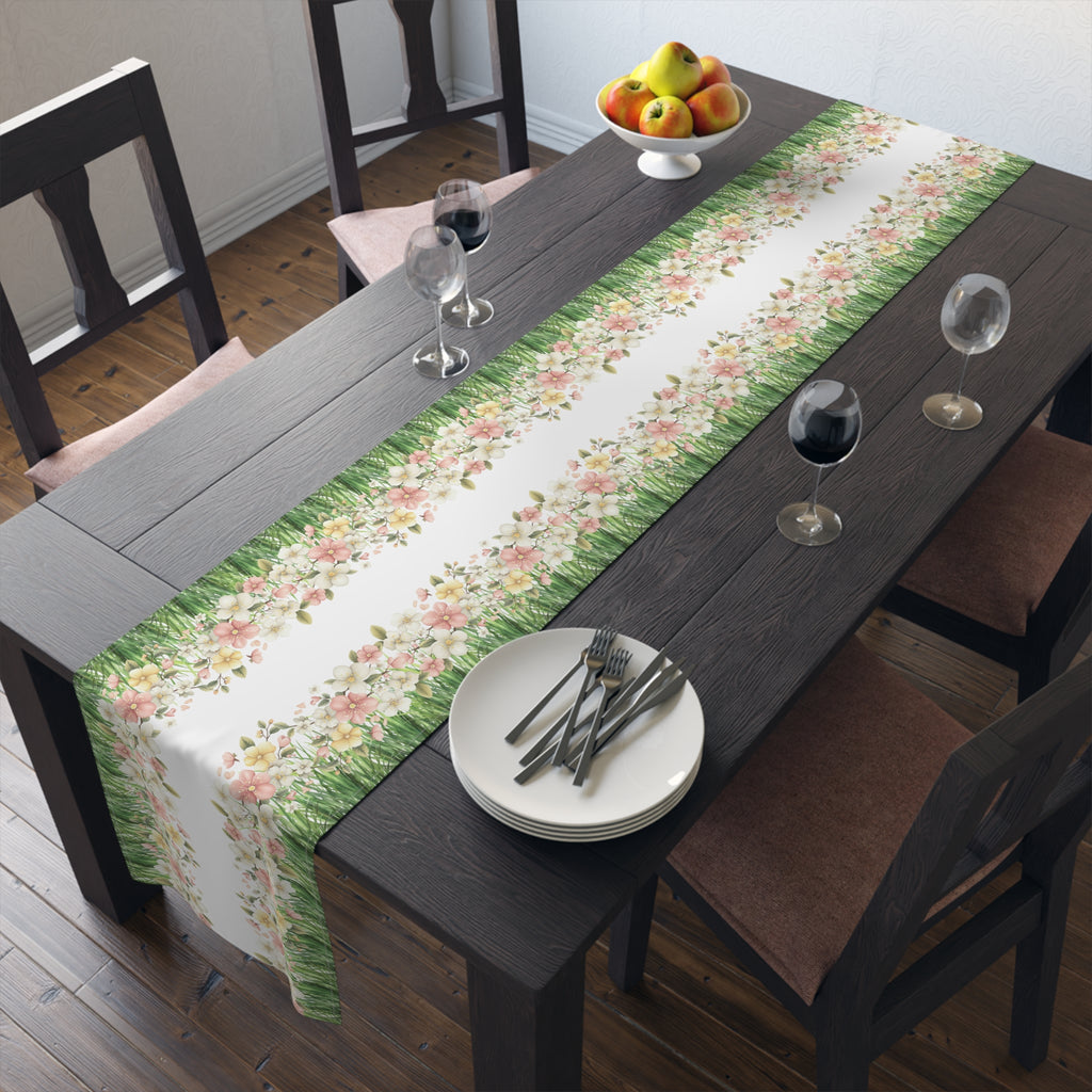 Spring Floral Table Runner, Cotton  Polyester Table Decor, Green Grass Border with Pink White Flowers, Dining Table Runner in 16×72, 16×90