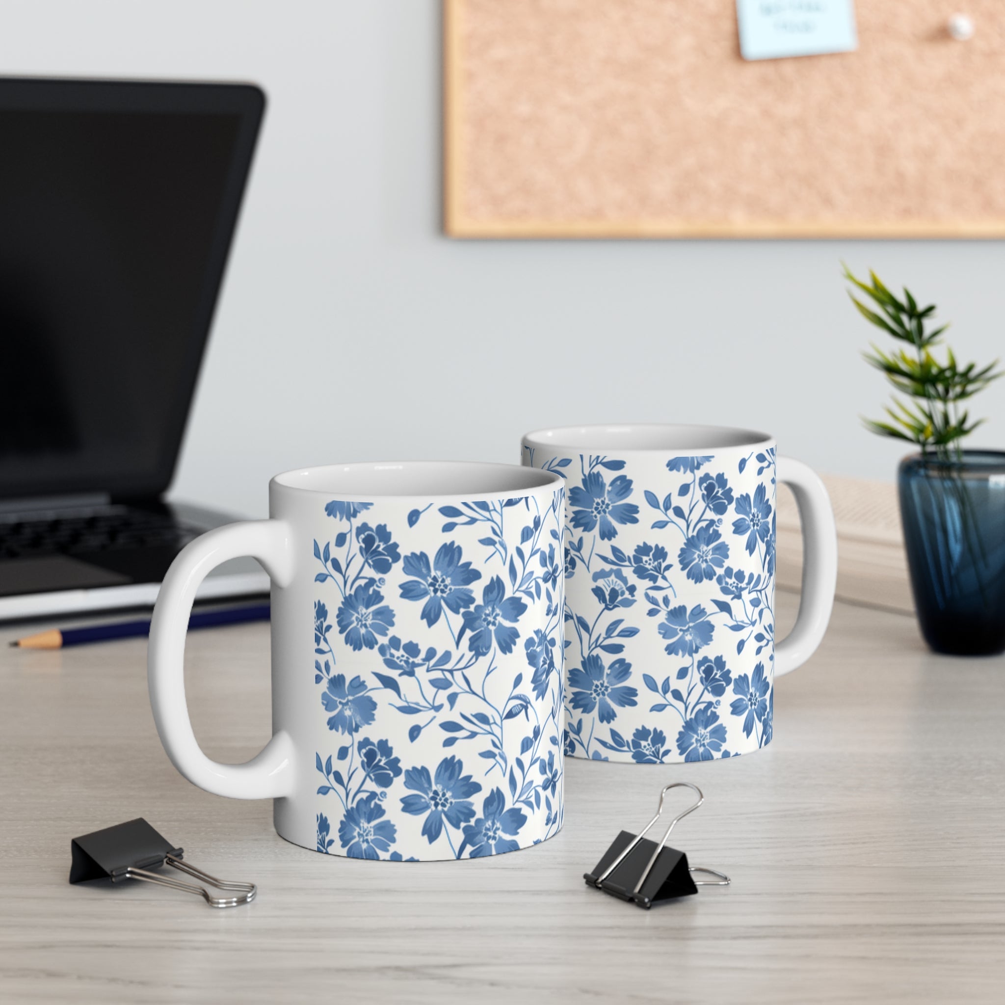 Blue Floral Ceramic Mug 11oz, Elegant Botanical Coffee Cup, Classic Flower Pattern Drinkware for Home  Office