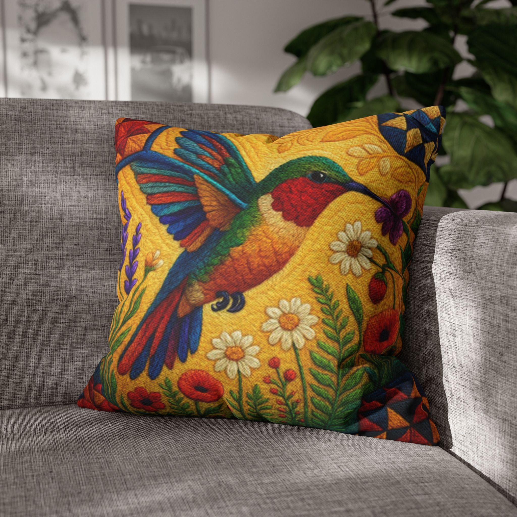BLUESKYDEZIGN | Hummingbird Pillowcase | Colorful Folk Art Floral Throw Cushion Cover | Nature Lover Home Gift