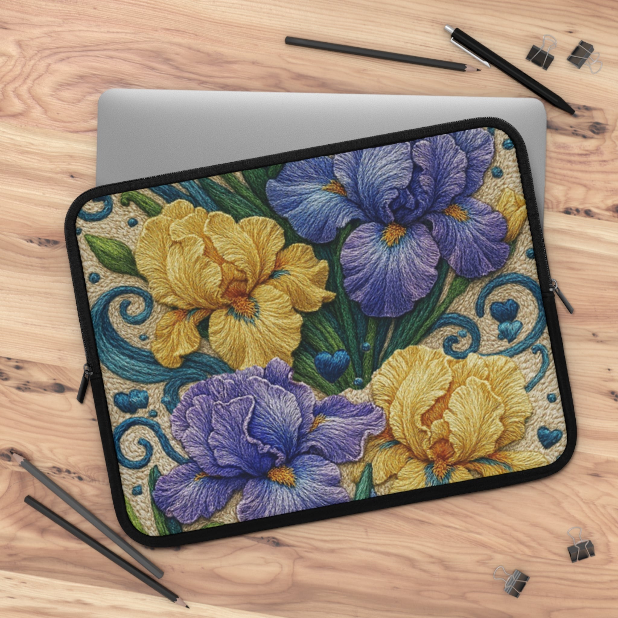 Free Bloom Iris Laptop Sleeve | Yellow Purple Floral Neoprene Case with Zipper | Vintage Botanical Tech Bag