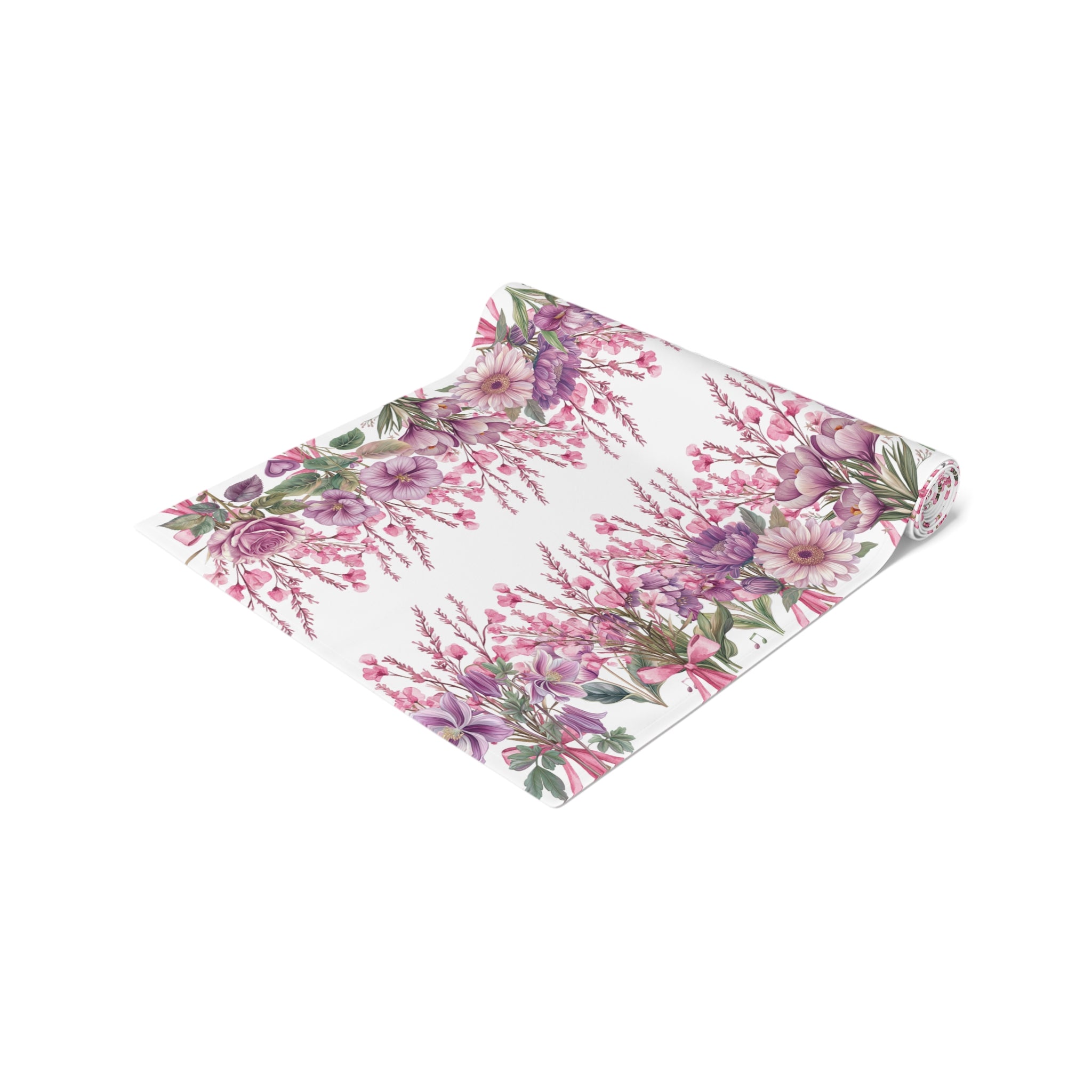 Spring Floral Table Runner, Cotton  Polyester, Pink  Purple Flower Design, Elegant Dining Table Decor, 16×72, 16×90