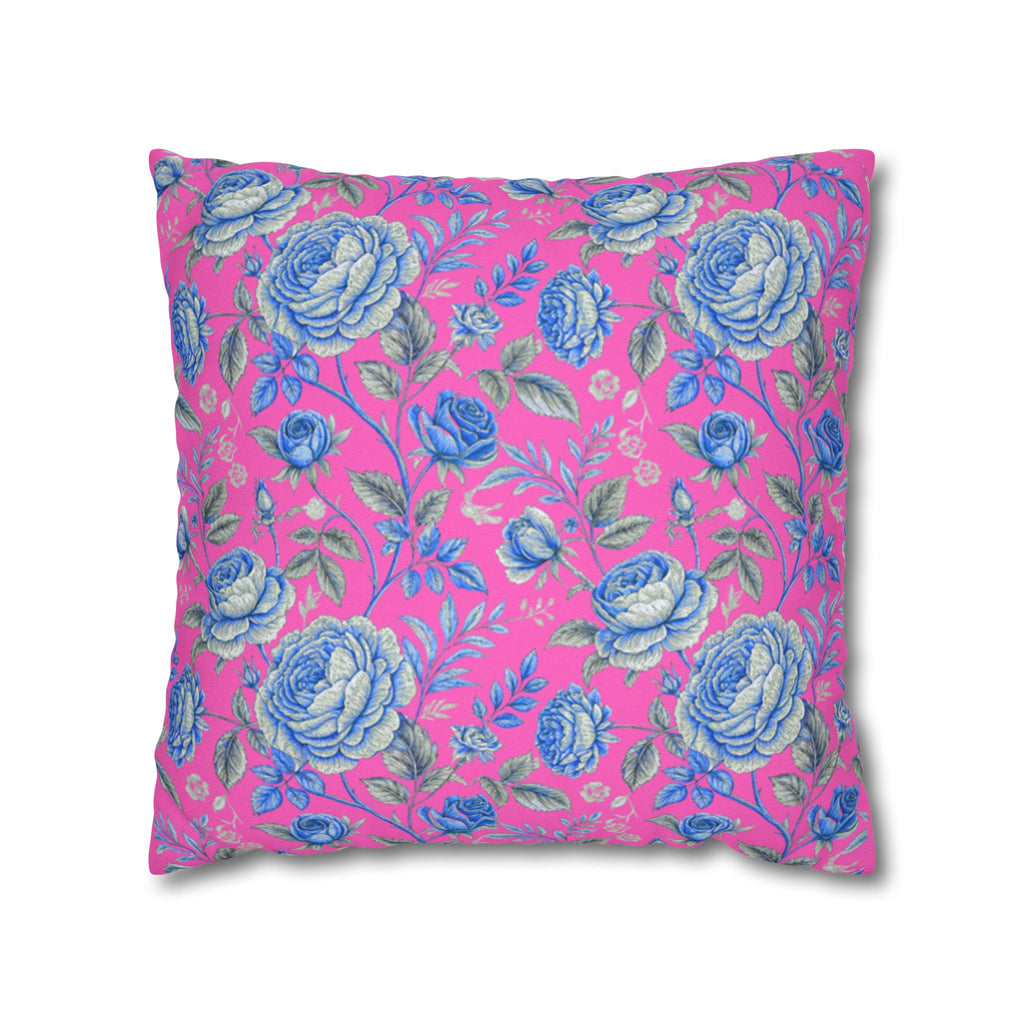 Pink & Blue Rose Floral Throw Pillow Cover | Double-Sided Spun Polyester