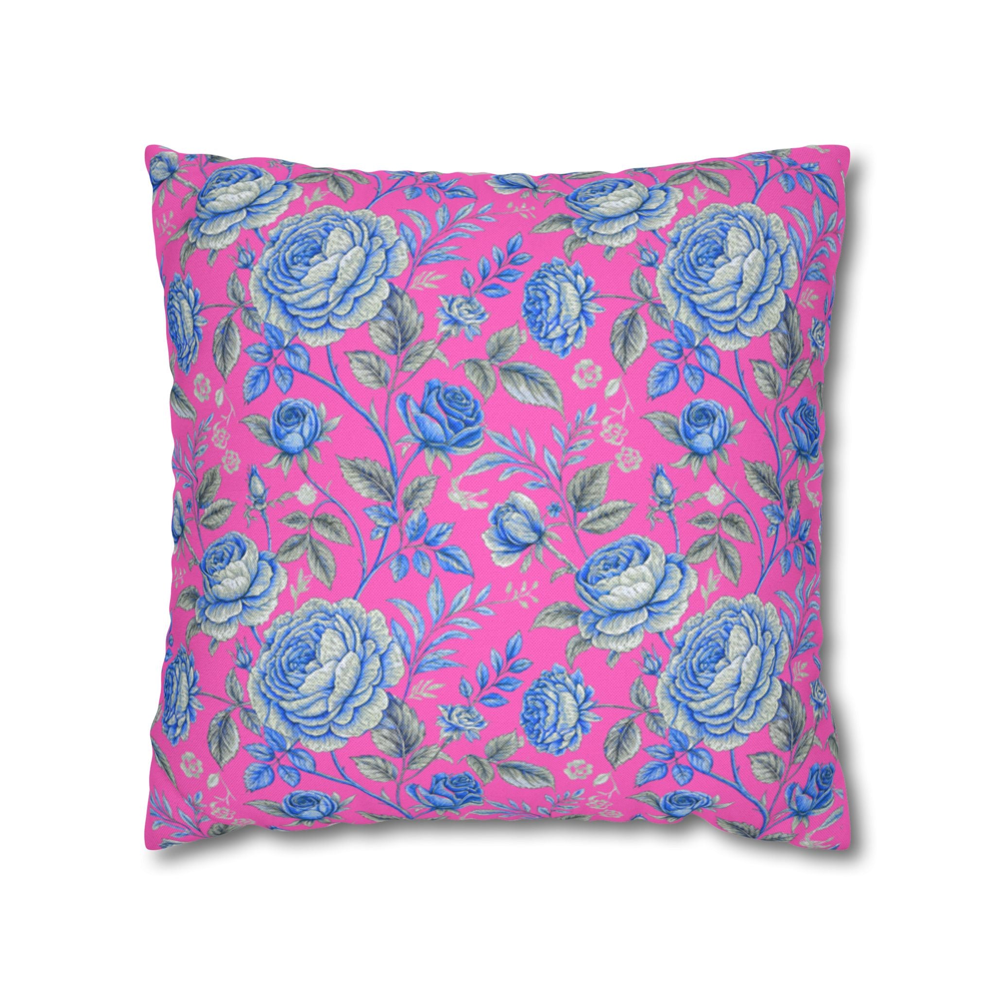 Pink & Blue Rose Floral Throw Pillow Cover | Double-Sided Spun Polyester