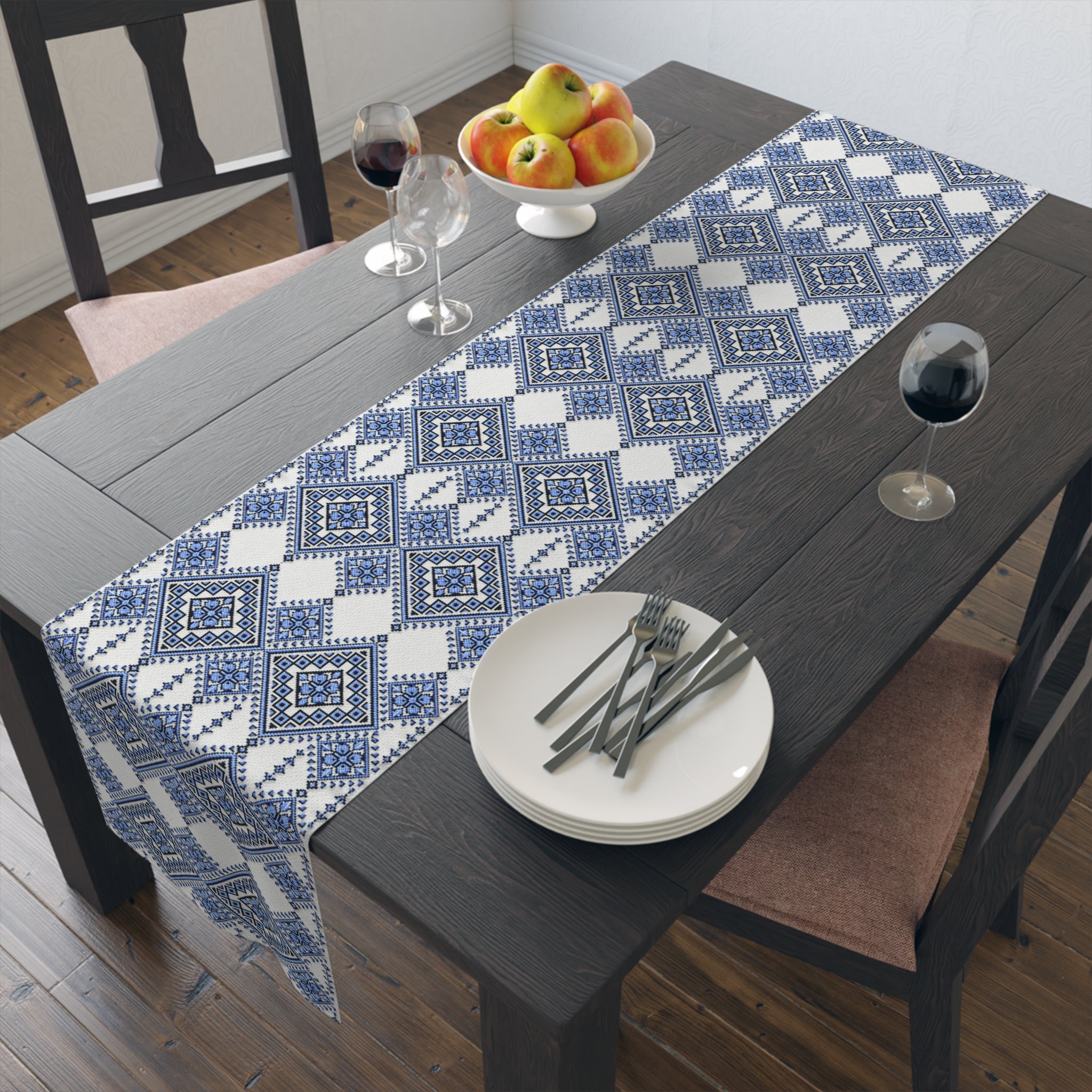 Blue Sky Folk Art Table Runner | Ukrainian Heritage Indigo Geometric Linen