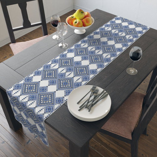Blue Sky Folk Art Table Runner | Ukrainian Heritage Indigo Geometric Linen