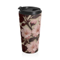 A 15oz stainless steel travel mug from the Sakura Noir collection with a wrap-around pink cherry blossom and dark burgundy leaf pattern and a black flip-top lid.