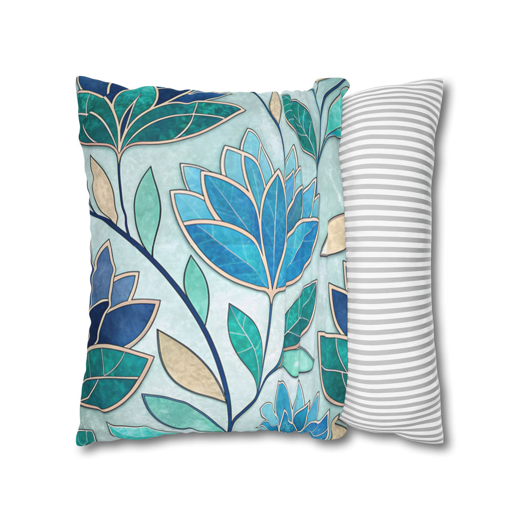 Mosaic Pillowcase 1piece, Stained Glass Style Floral Cushion Covers, Teal Blue Decorative Polyester Throw Pillowcases