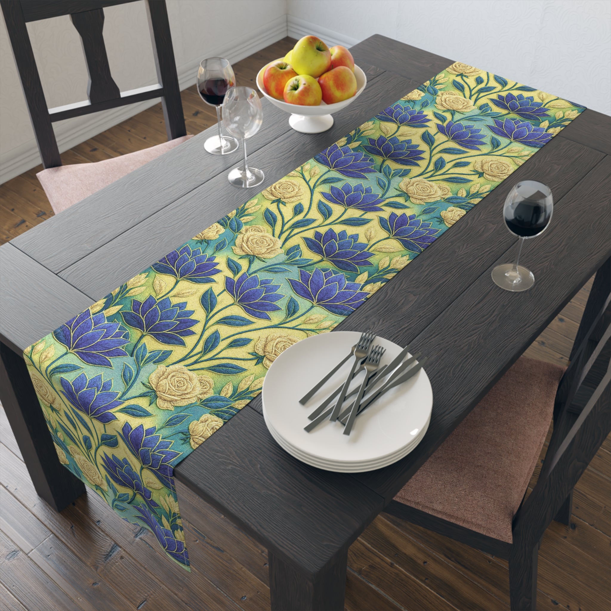 Blue Lotus Table Runner, Yellow Floral Dining Decor, Cotton Poly Tablecloth, Ukrainian Bloom Table Topper, Botanical Kitchen Runner