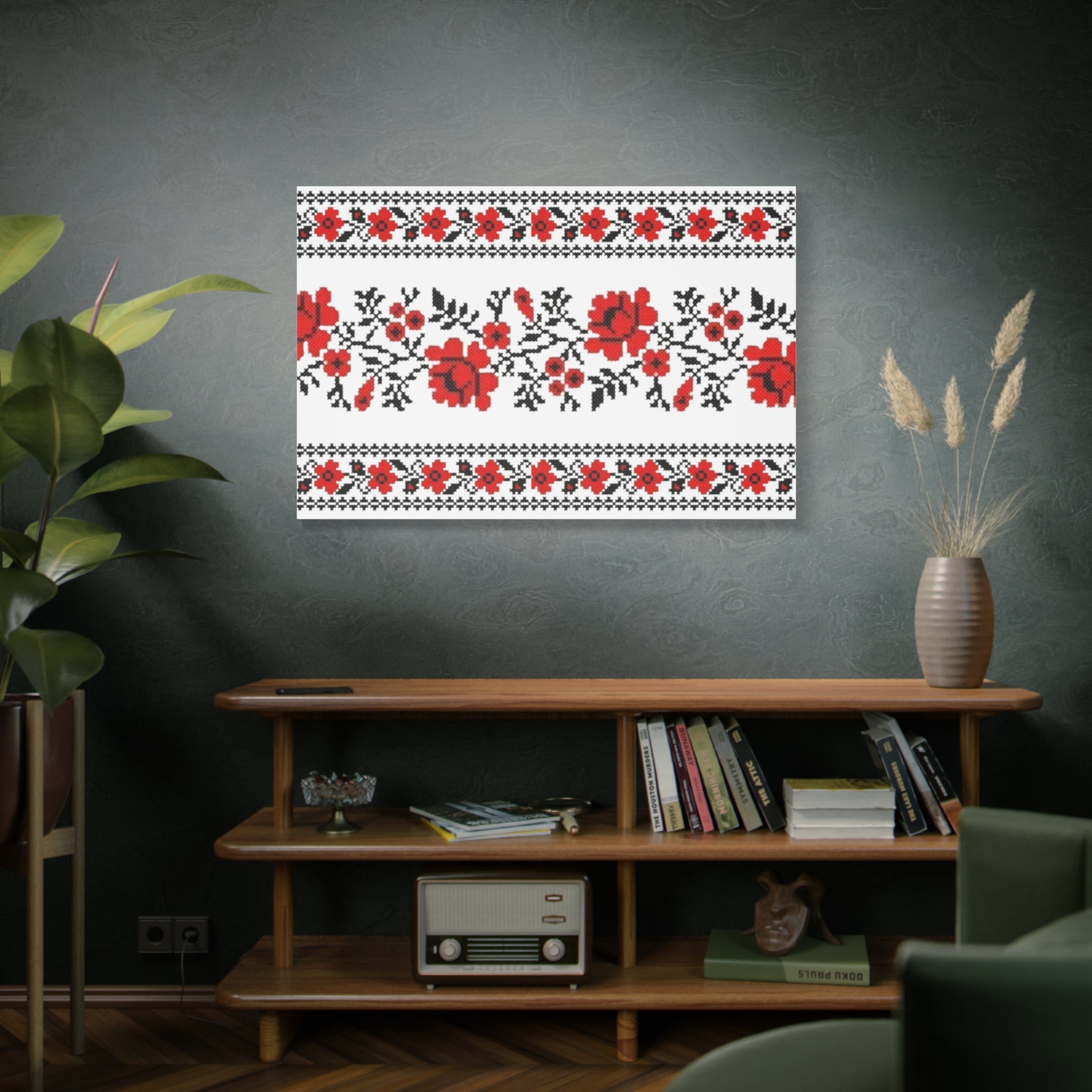 Ukrainian Embroidery Wall Art, Red Black Folk Floral Pattern, Traditional Slavic Home Decor Canvas for Living Room or Entryway, Matte Print, Stretched 1.25" Ready to Hang