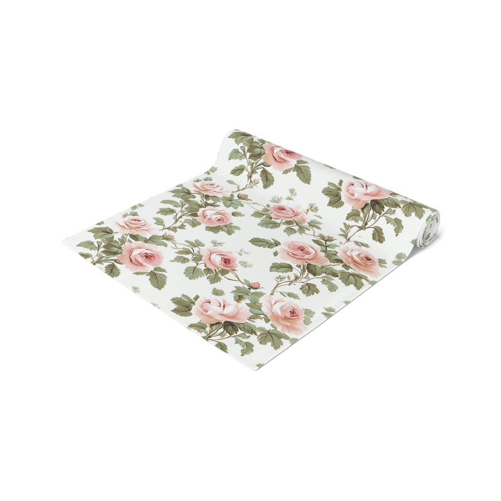 BLUESKYDEZIGN Vintage Pink Rose Vine Table Runner - Floral Toile de Jouy Decor