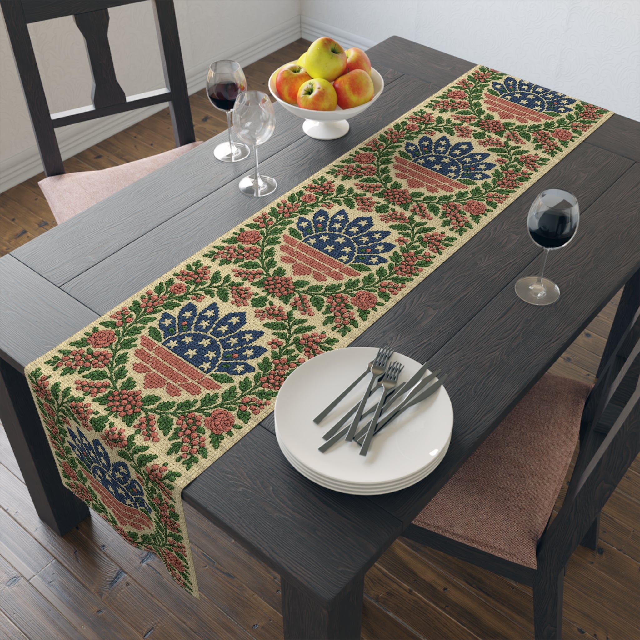 America 250 Floral Table Runner – Patriotic Medallion Design | Farmhouse & Americana Decor