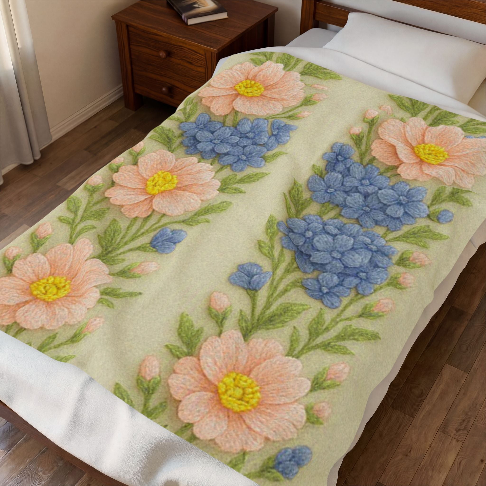 Pastel Floral Plush Blanket – Cottagecore Daisy & Hyacinth Throw | BLUESKYDEZIGN