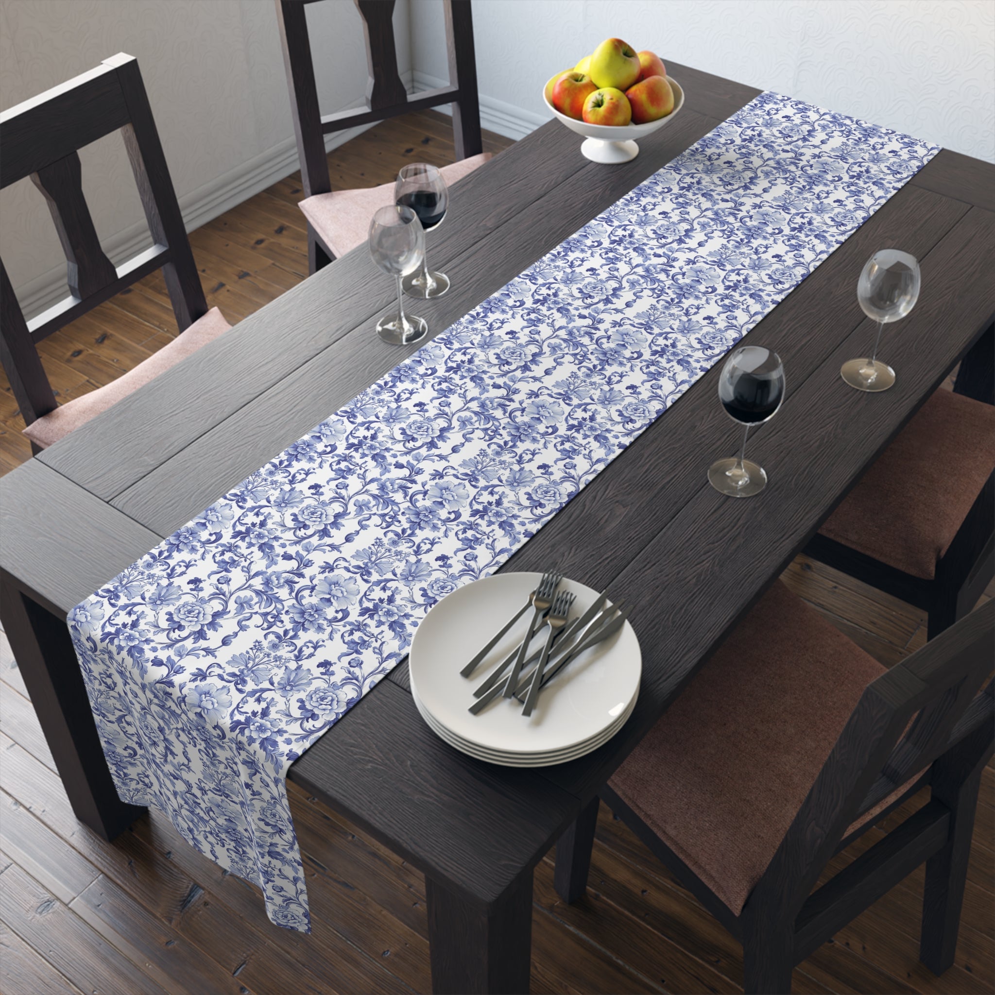 BLUESKYDEZIGN Blue Floral Tile Table Runner - Delft Porcelain Inspired Decor