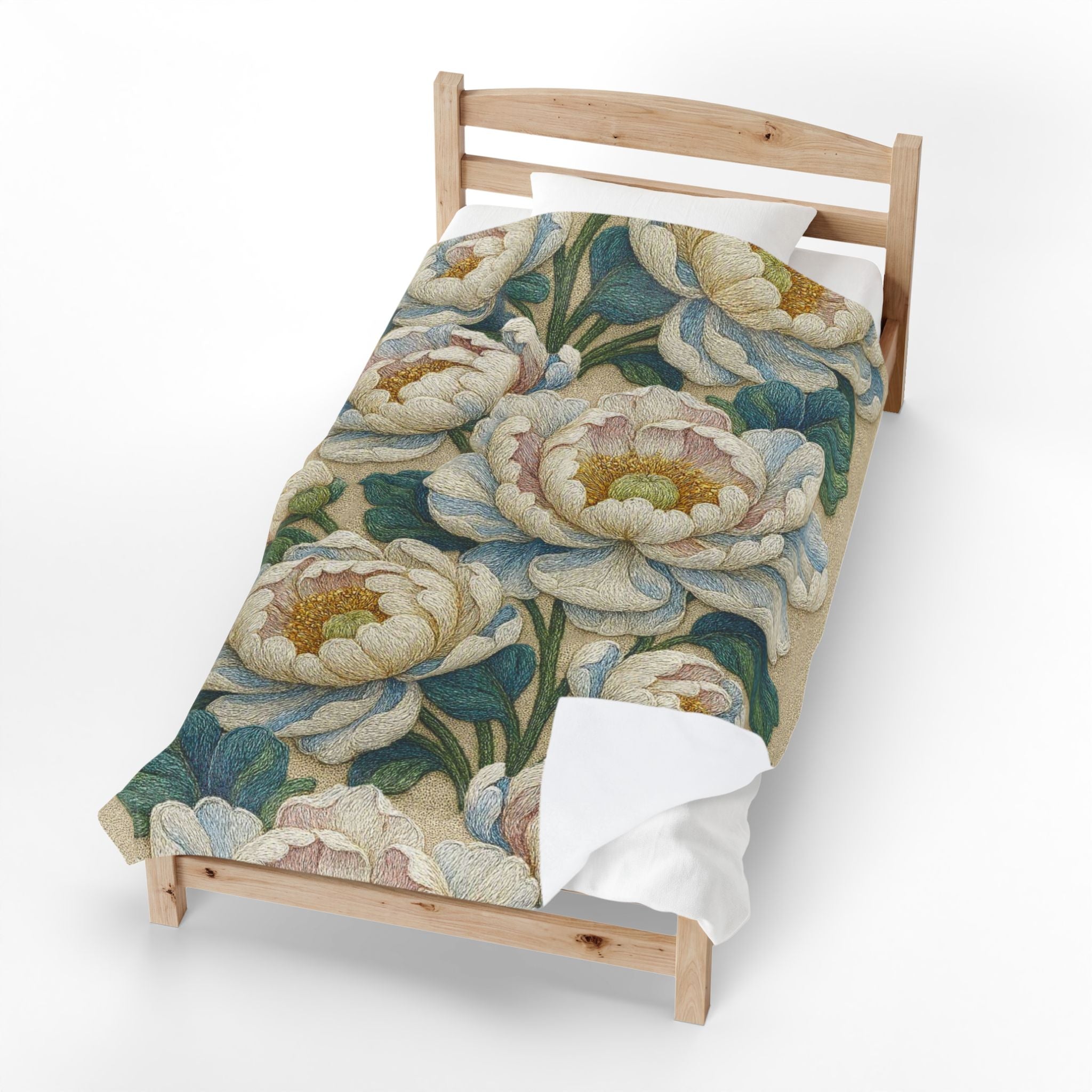 Petrykivka Bloom Blanket – White Peony Velvet Plush Throw, Sage Green Cottagecore