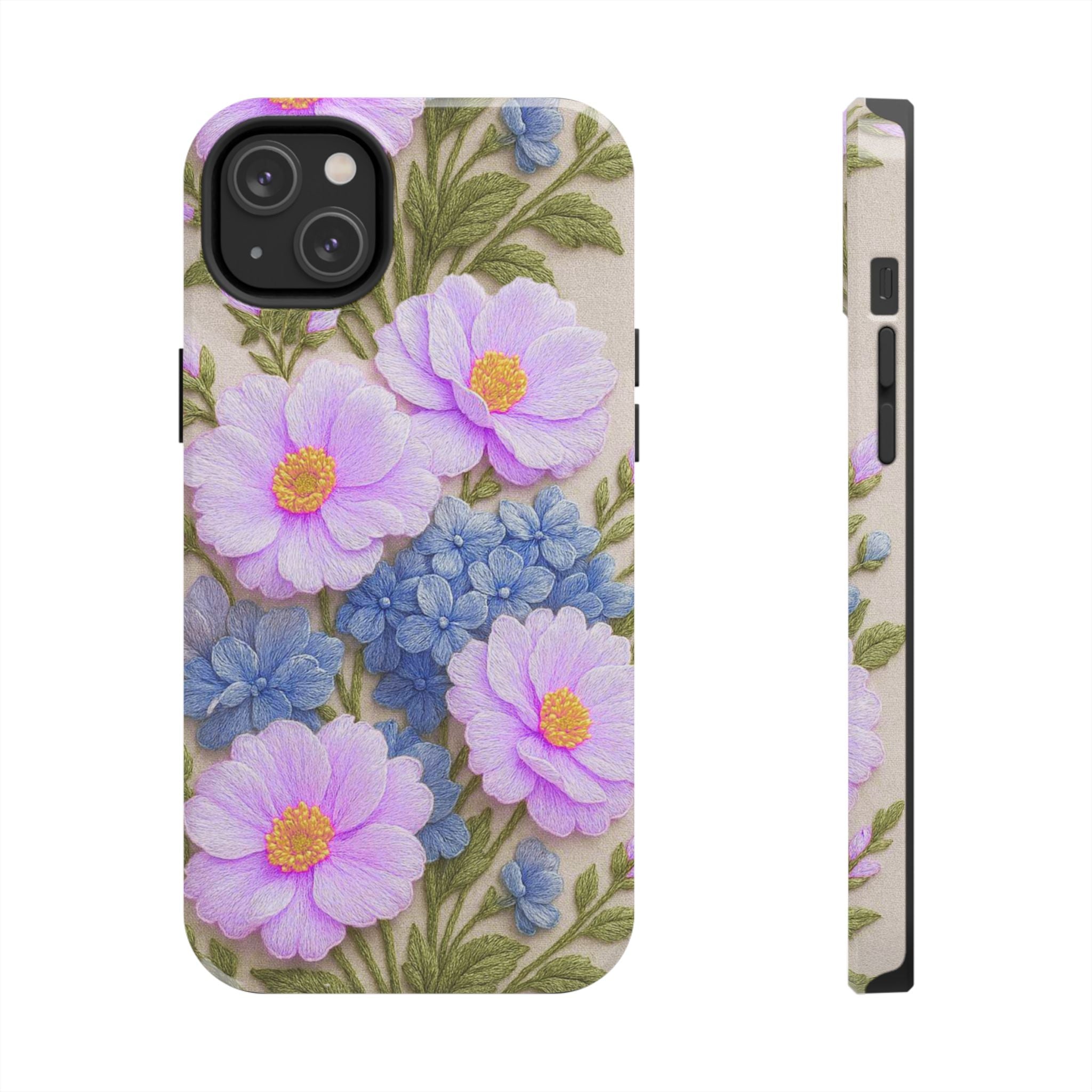 Pink Cosmos and Blue Hydrangea Phone Case, Alexandra Bloom Collection, Tough Floral iPhone and Samsung Cover, Vintage Protective Case