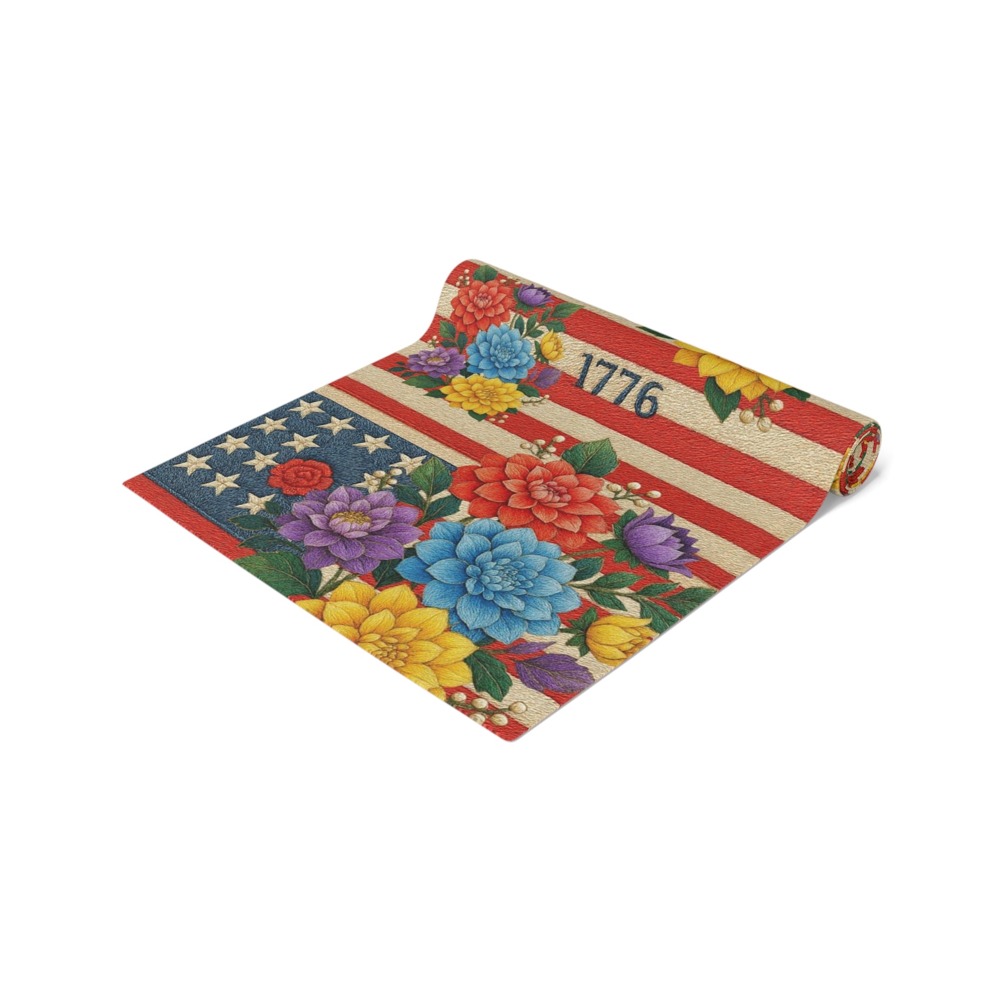 BLUESKYDEZIGN | 1776 Patriotic Floral Table Runner | American Flag Stars & Flowers | 4th of July Dining Decor