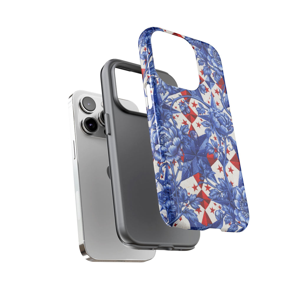 America 250th Anniversary Tough Phone Case - Blue Toile Floral & Patriotic Star Patchwork Case