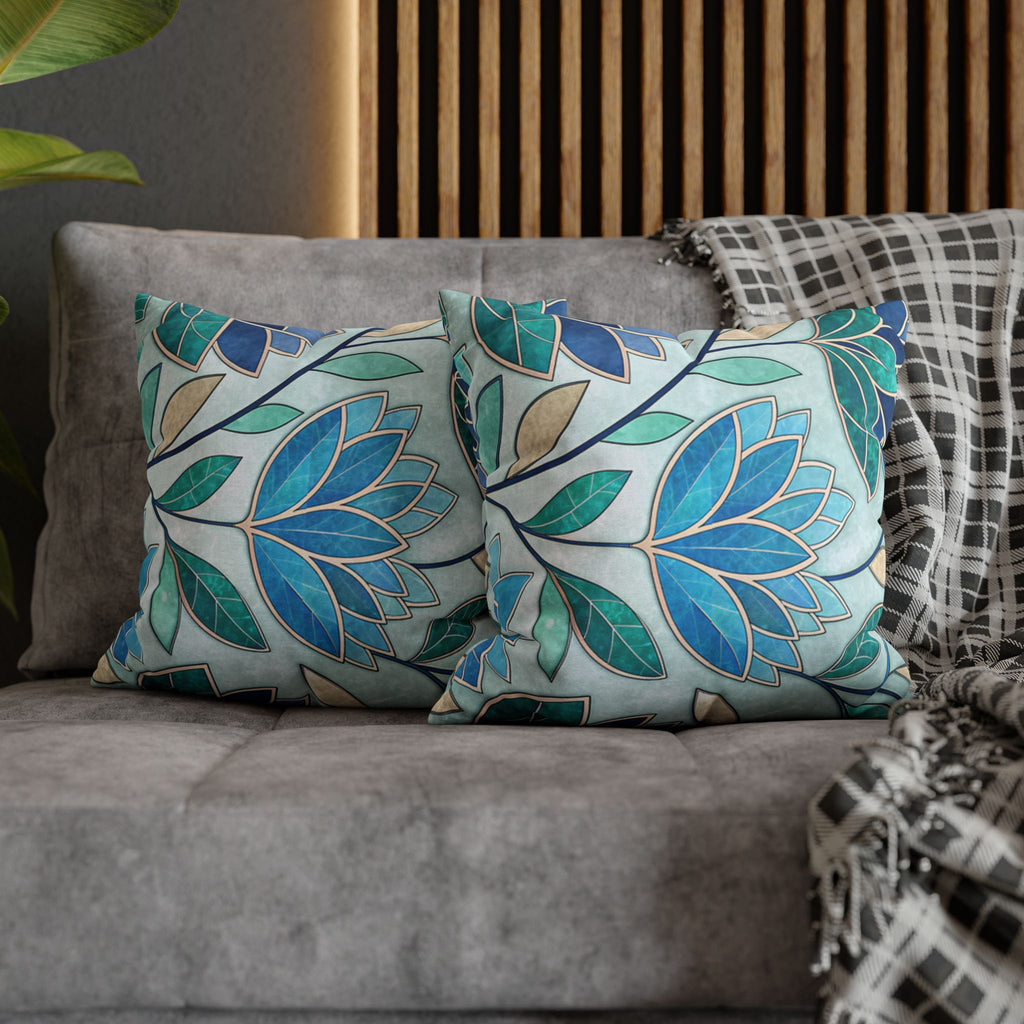 Mosaic Pillowcase 1piece, Stained Glass Style Floral Cushion Covers, Teal Blue Decorative Polyester Throw Pillowcases