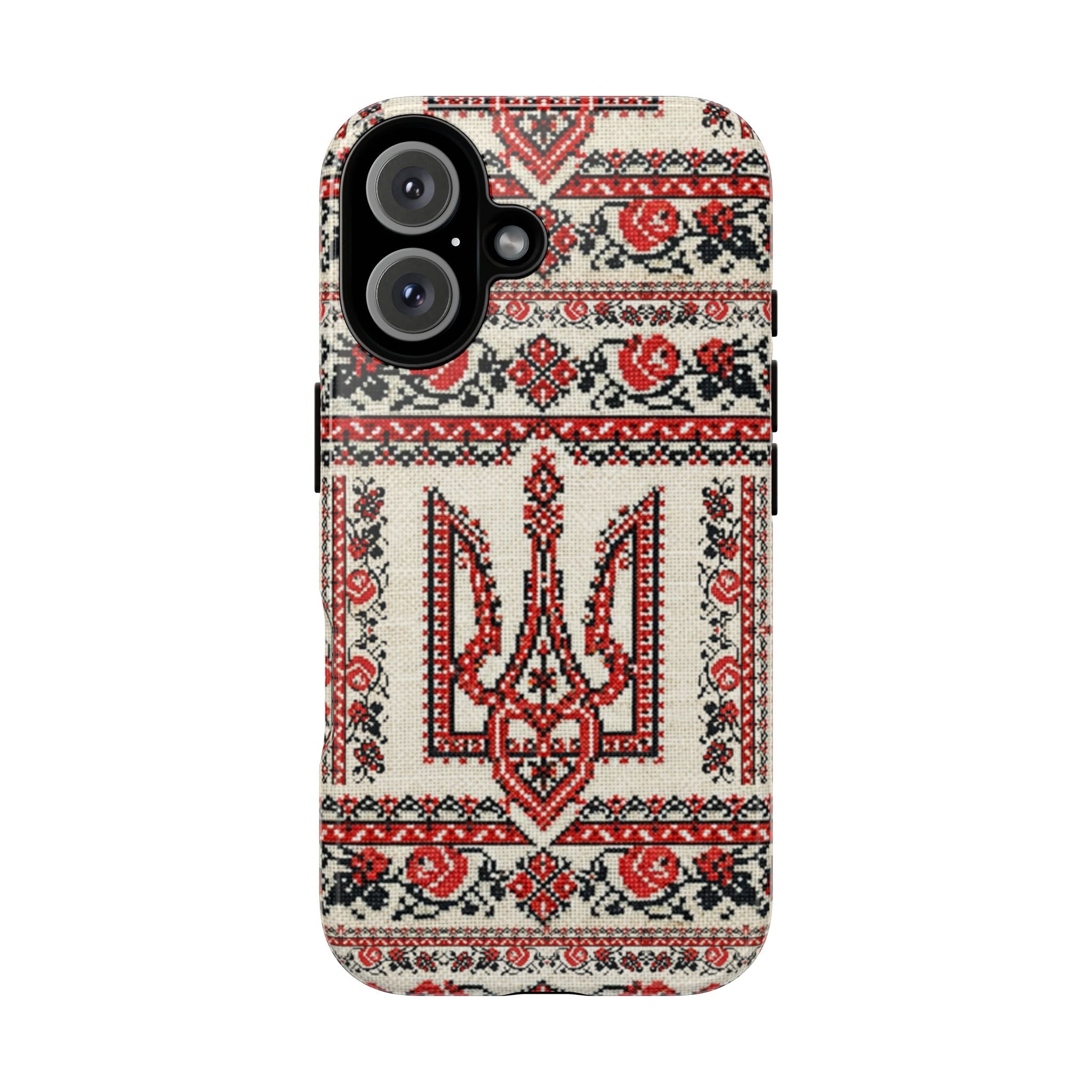 Ukrainian Trident Embroidery Phone Case • Red Black Trident Pattern • Protective Folk Art Cover for iPhone & Samsung