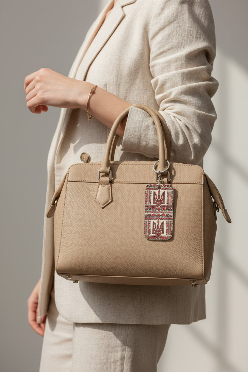 Ukrainian Tryzub keychain with red black embroidered folk pattern