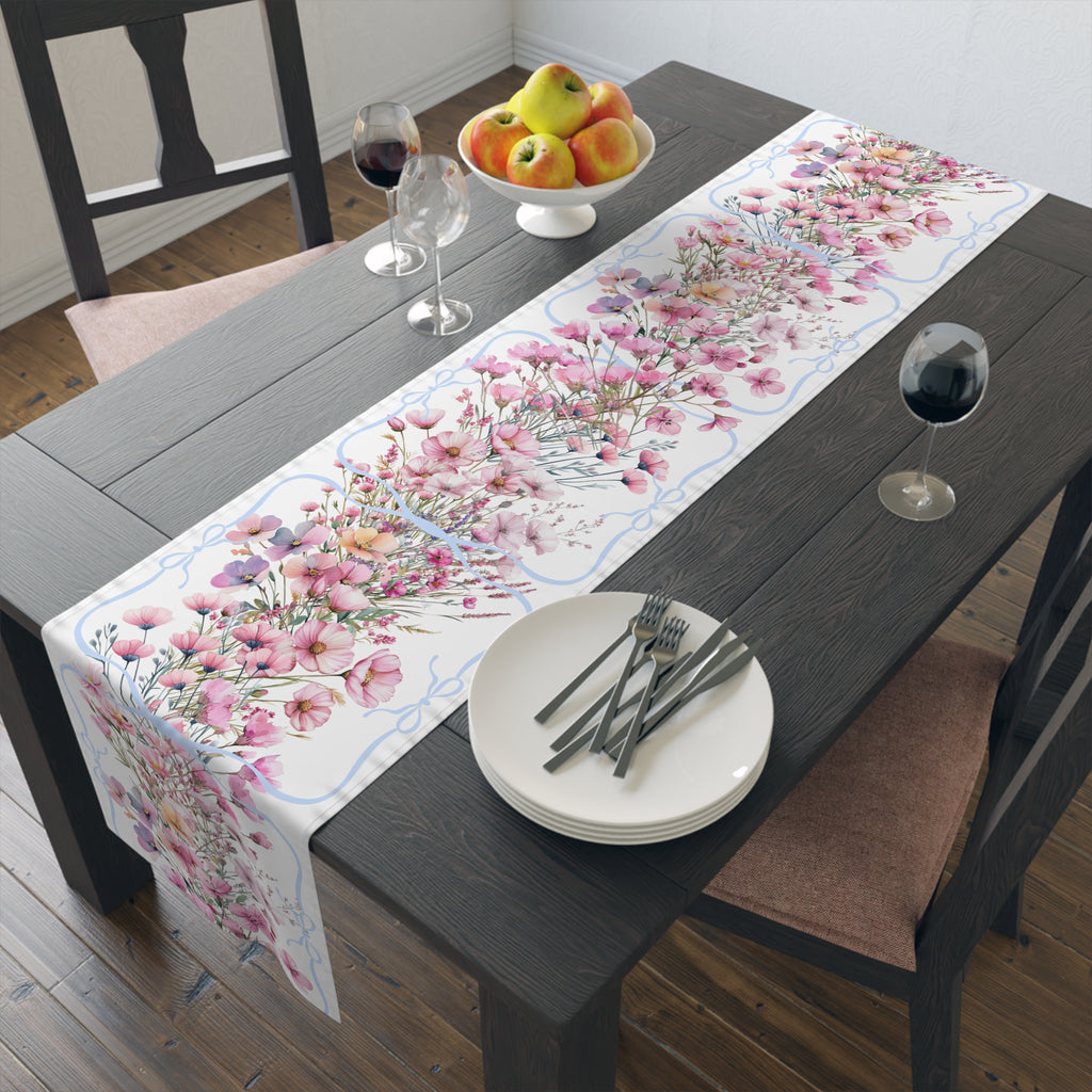 BLUESKYDEZIGN Spring Pink Purple Floral Table Runner - Botanical Wedding Decor