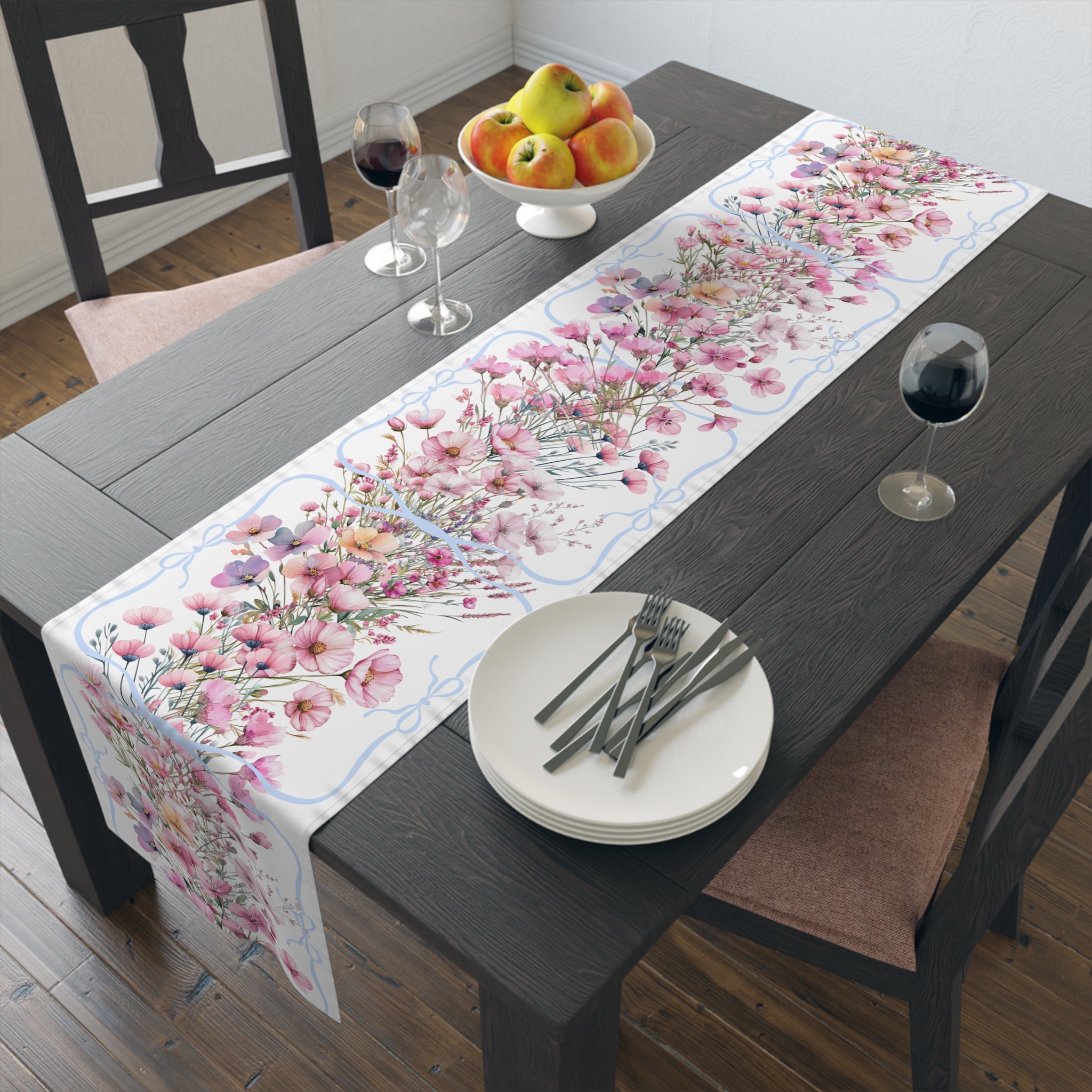 BLUESKYDEZIGN Spring Pink Purple Floral Table Runner - Botanical Wedding Decor