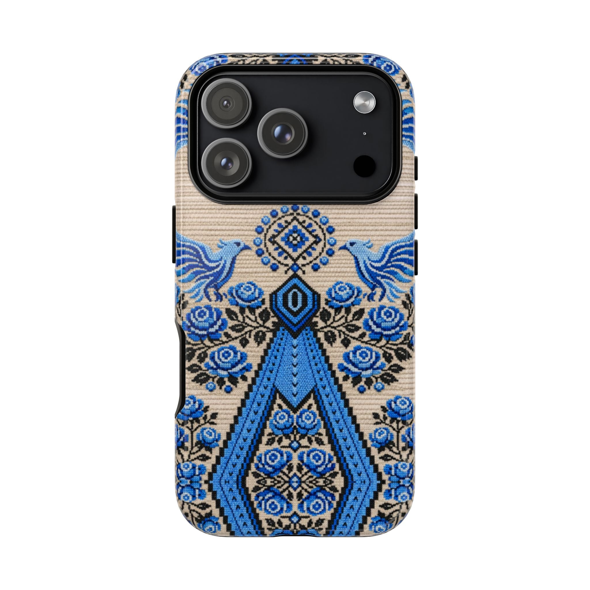 Ukrainian Phone Case  Blue Black Berehynia Design, Falcons & Roses Folk Art, Slavic Embroidery Style Protective Cover