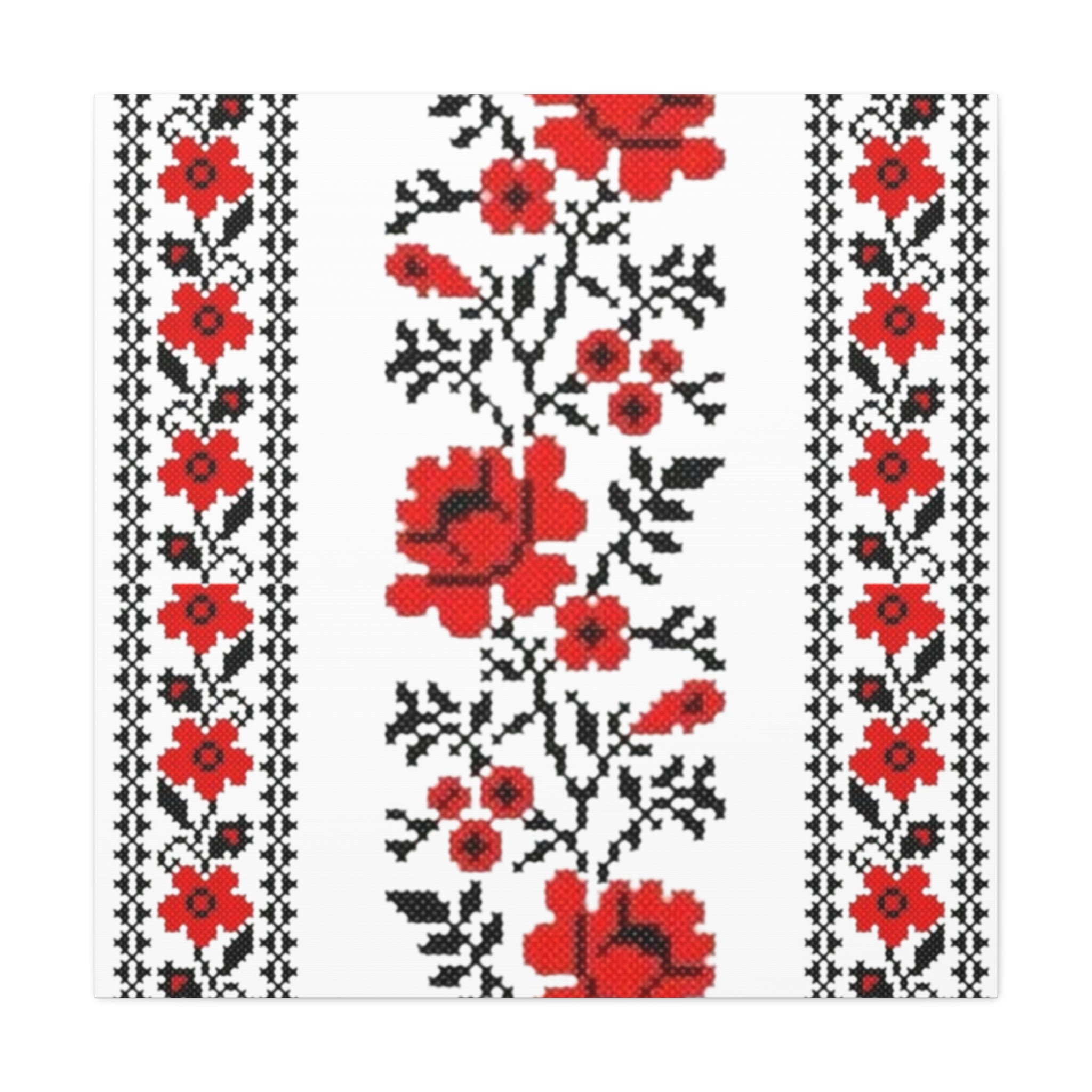 Ukrainian Embroidery Wall Art, Red Black Folk Floral Pattern, Traditional Slavic Home Decor Canvas for Living Room or Entryway, Matte Print, Stretched 1.25" Ready to Hang