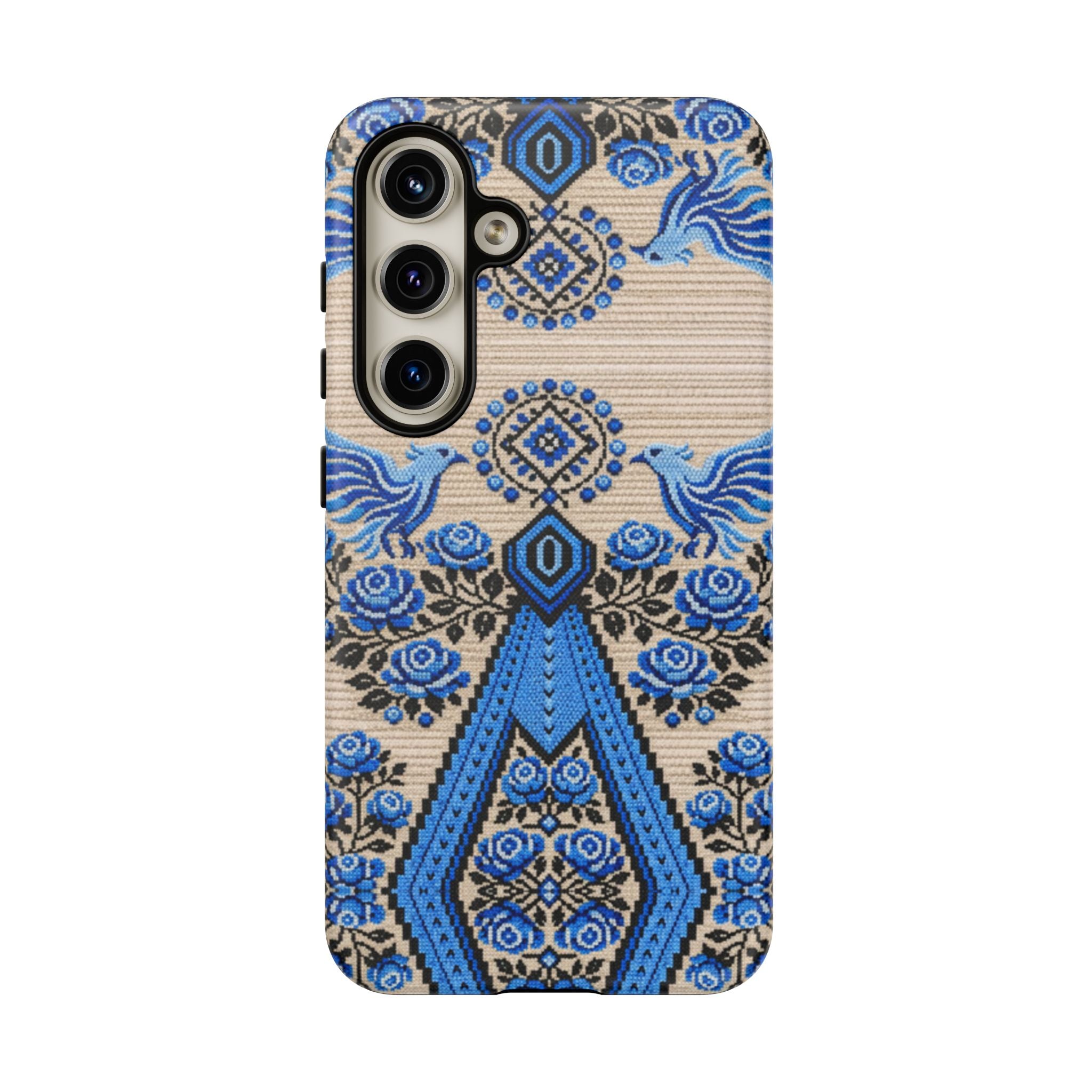 Ukrainian Phone Case  Blue Black Berehynia Design, Falcons & Roses Folk Art, Slavic Embroidery Style Protective Cover