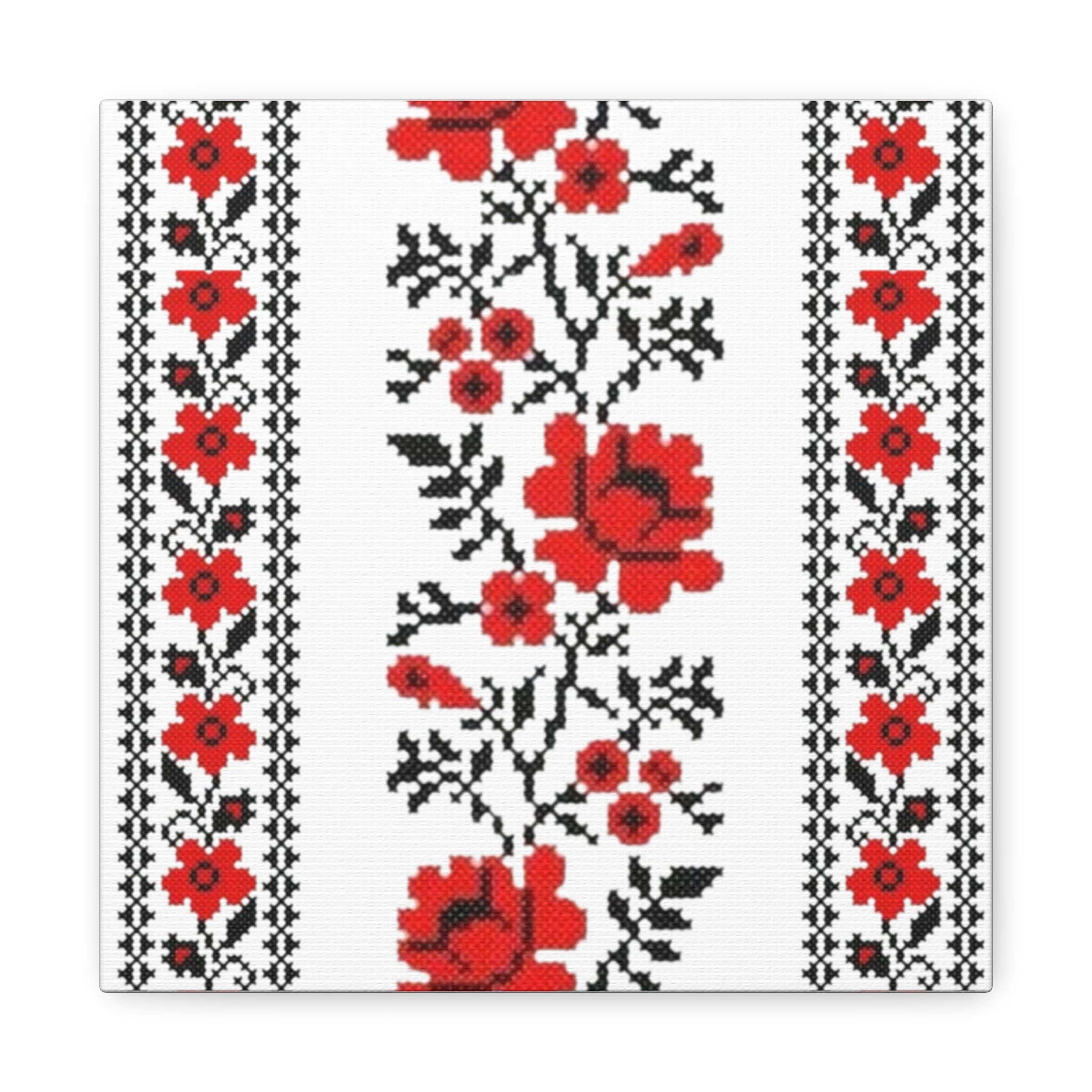 Ukrainian Embroidery Wall Art, Red Black Folk Floral Pattern, Traditional Slavic Home Decor Canvas for Living Room or Entryway, Matte Print, Stretched 1.25" Ready to Hang