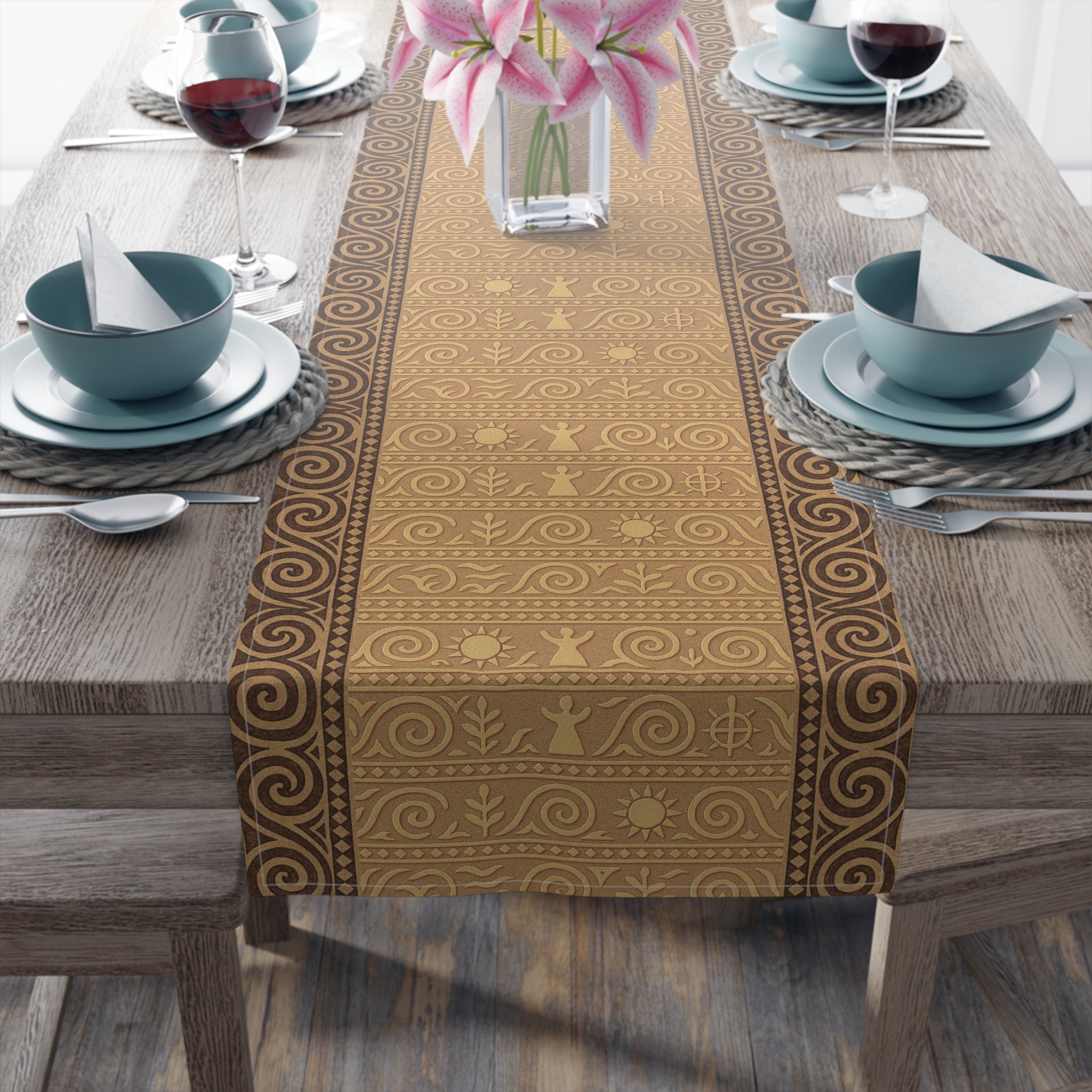 Trypillian Code Table Runner | Terracotta Ancient Symbol Farmhouse Decor