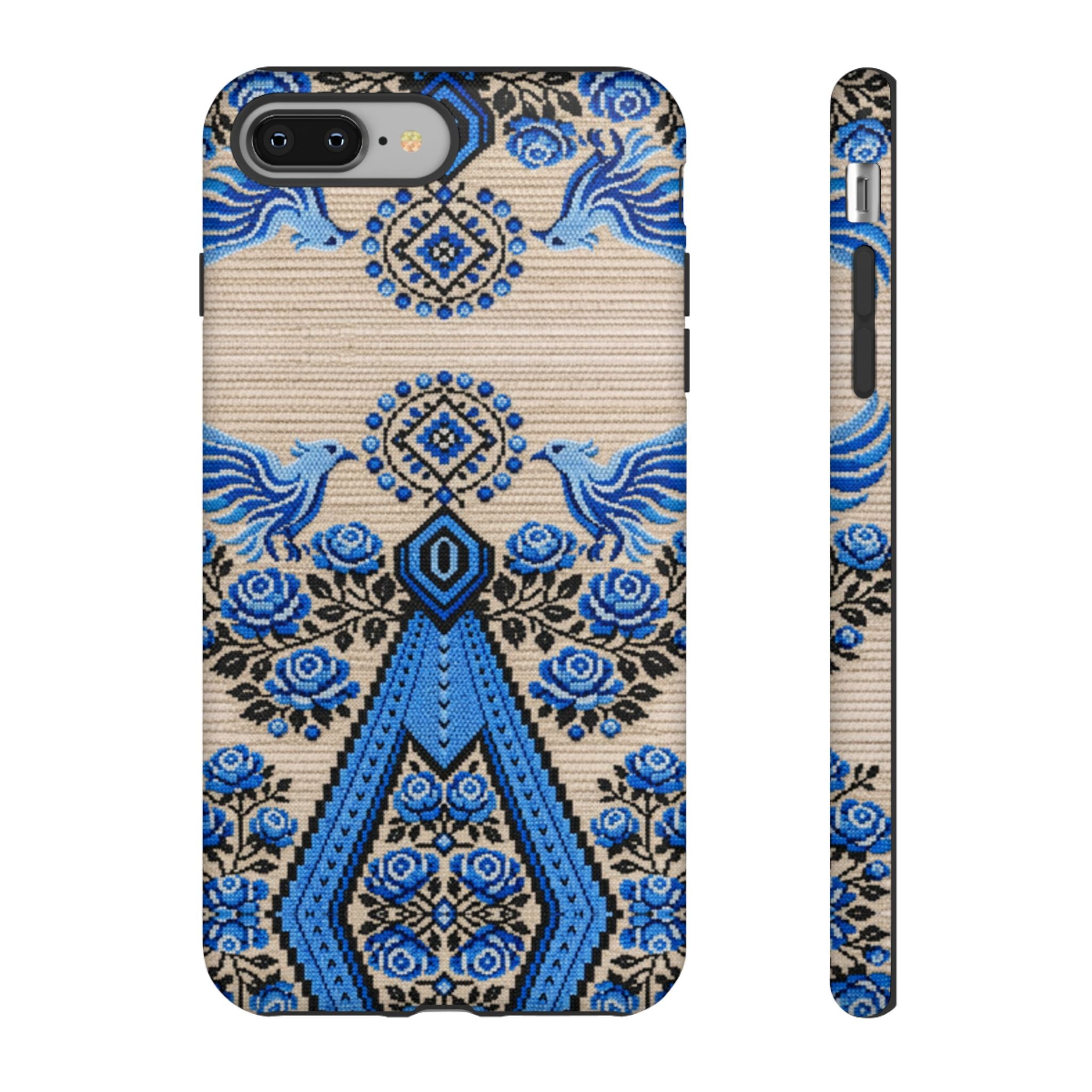 Ukrainian Berehynia phone case with blue black folk art pattern