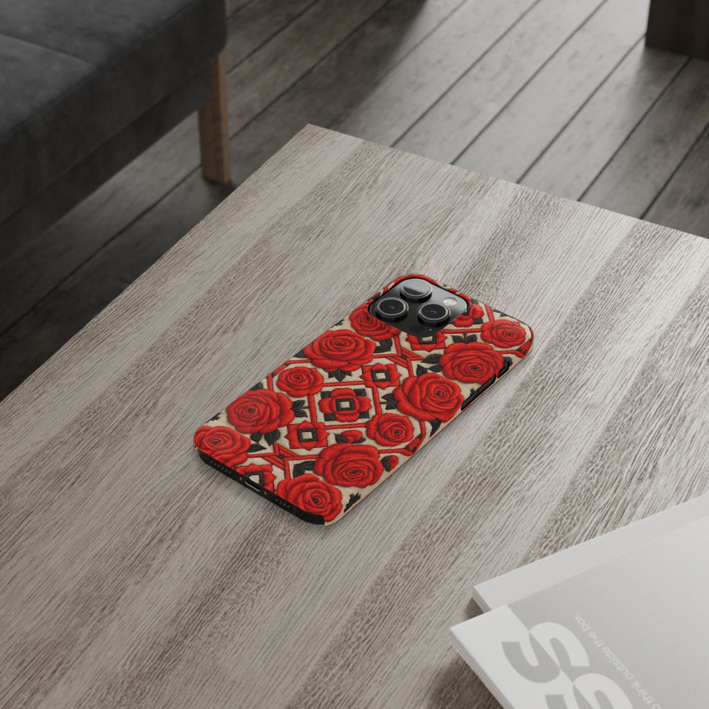 Red Roses iPhone Case | Vintage Floral Geometric Slim Cover | Glossy Protective Tech Gift for Her