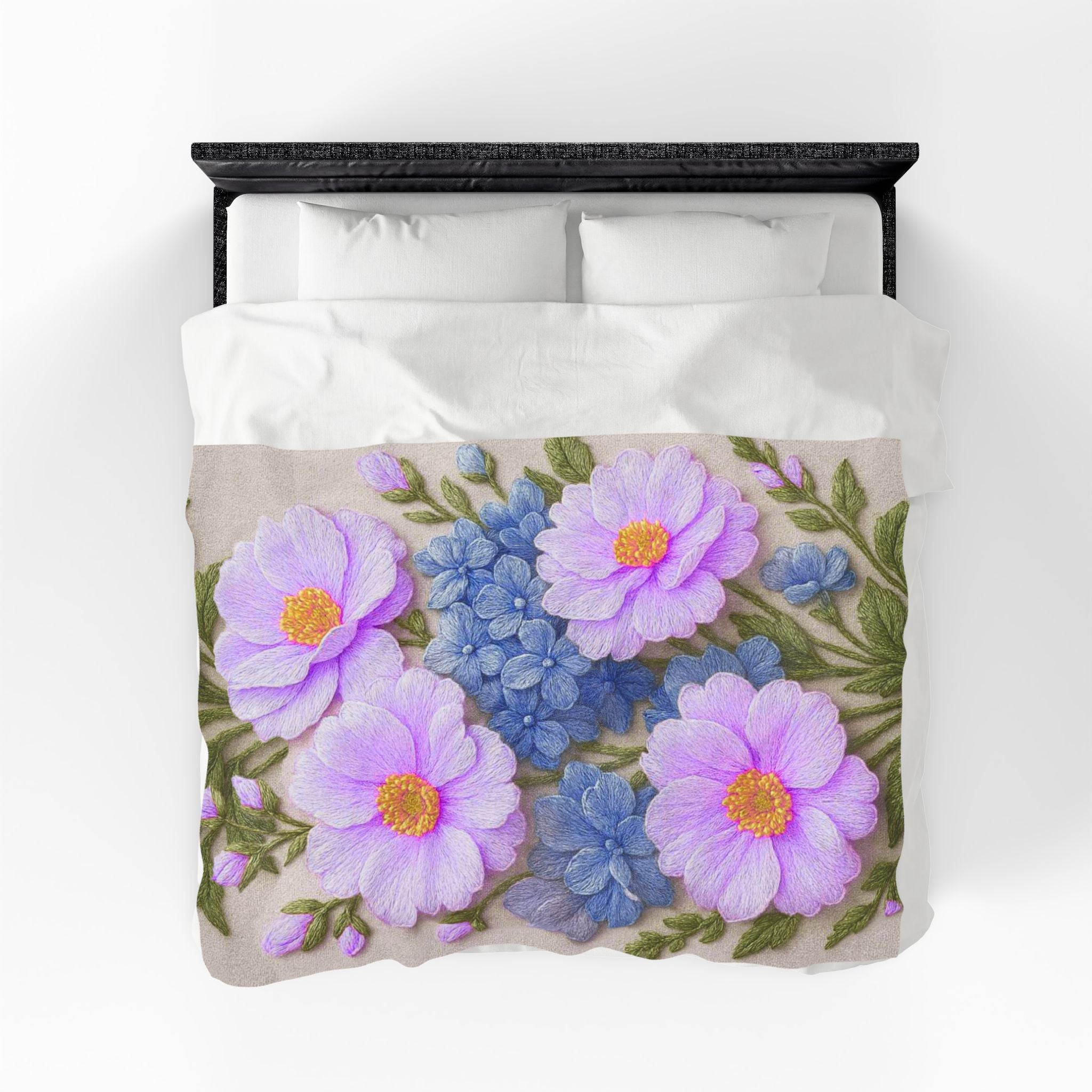 Lavender Cosmos and Blue Hydrangea Velveteen Blanket, Alexandra Bloom Collection, Cozy Floral Throw Blanket, Soft Garden Bedding Gift